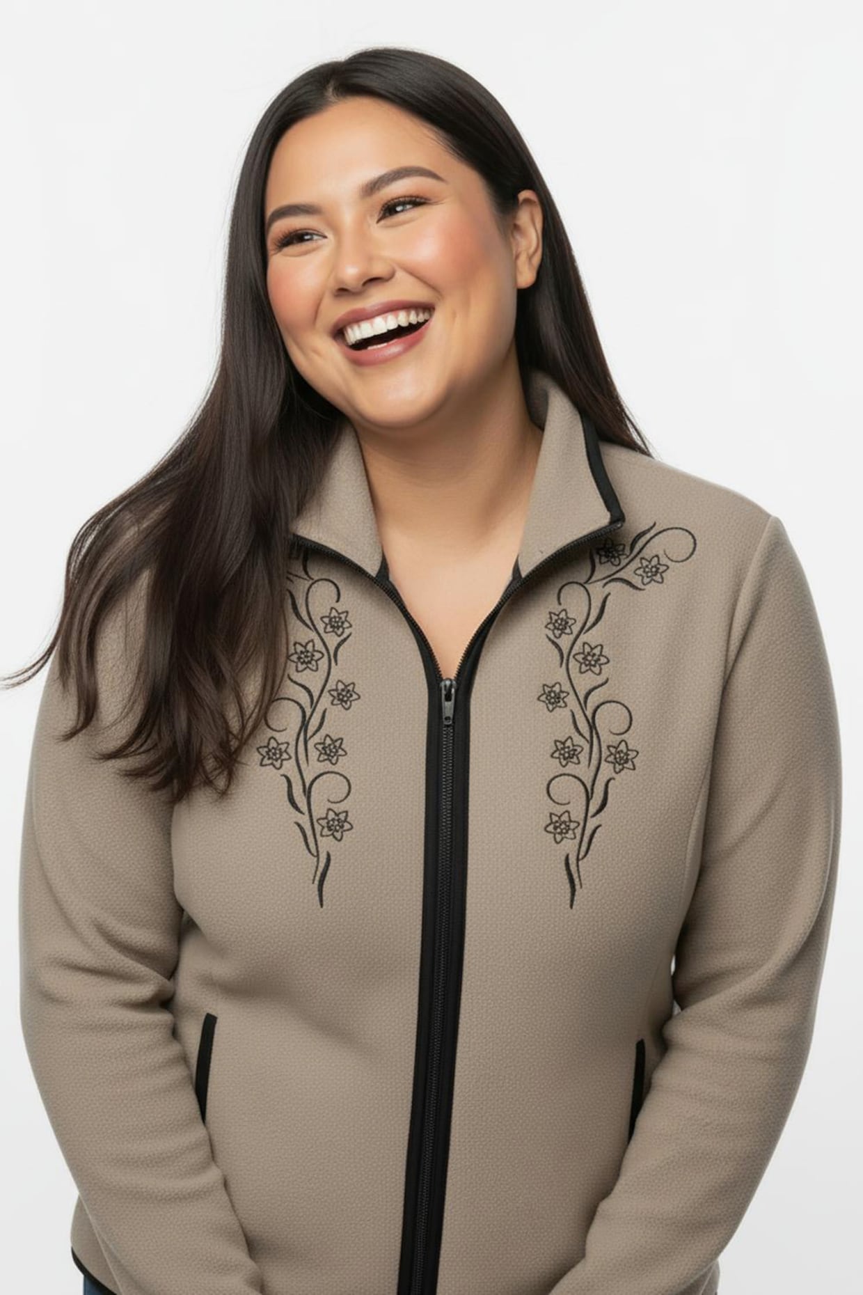 Fleecejacke mit Stickerei - sesam-schwarz