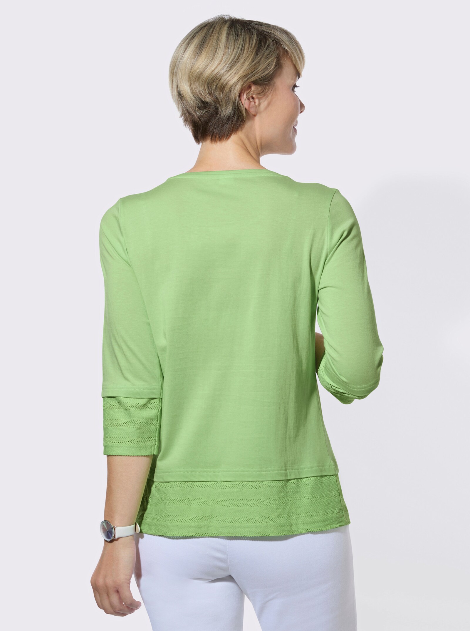 Rundhalsshirt mit Netzeinsätzen - reseda