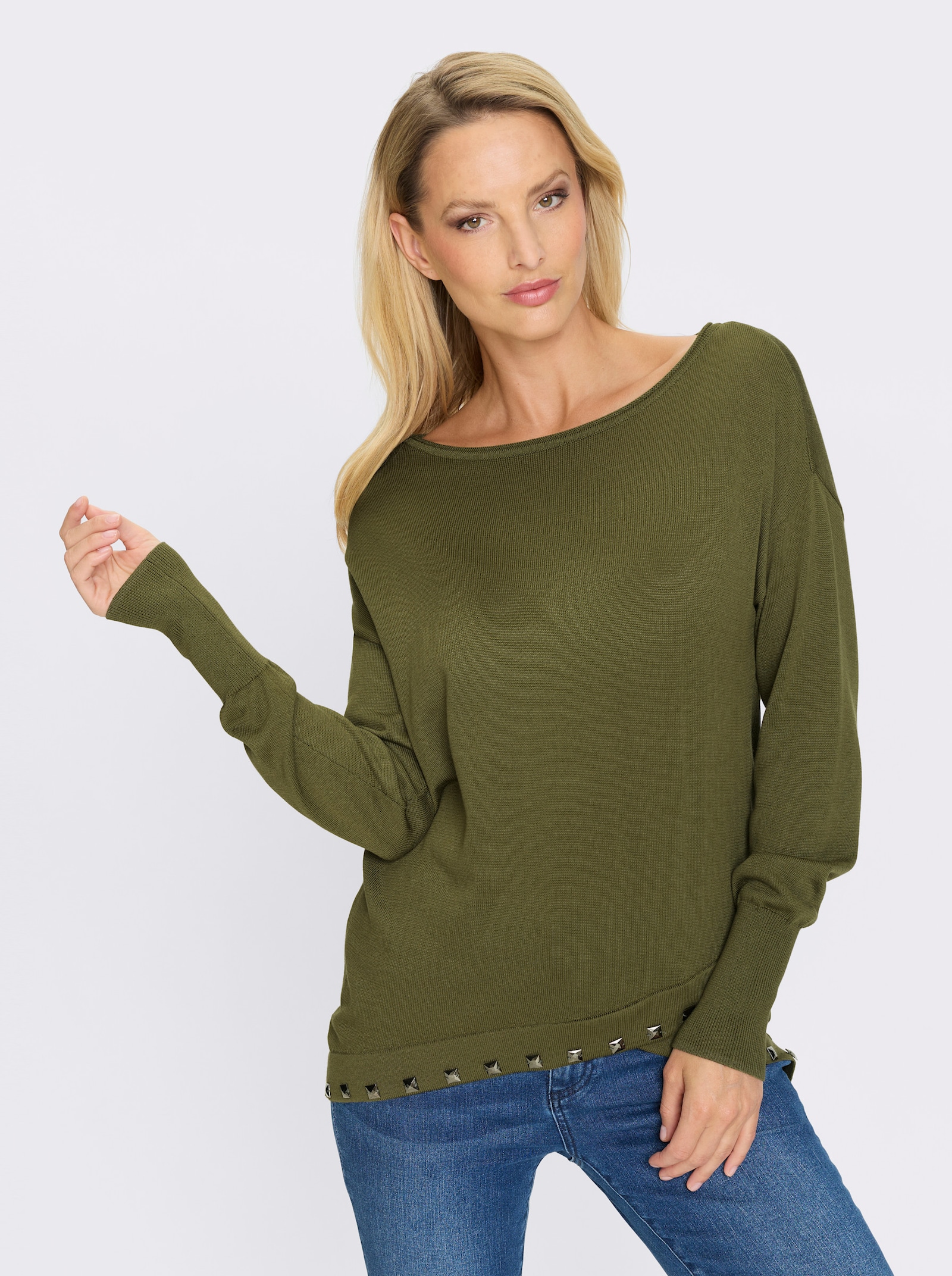 heine Strickpullover mit asymmetrischem Saum - oliv