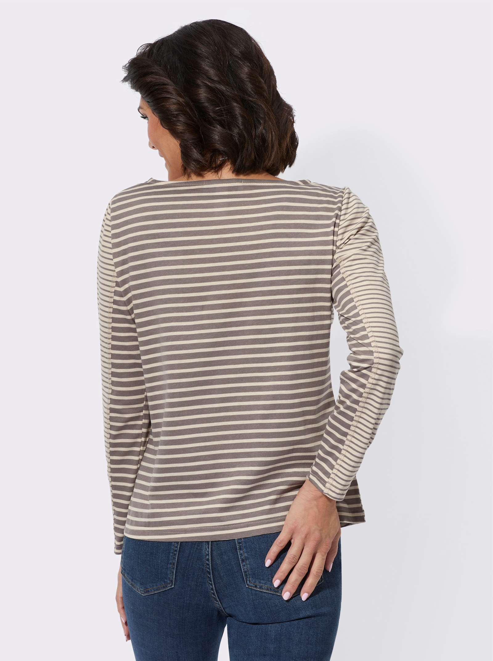 Langarmshirt mit U-Boot-Ausschnitt, geringelt - taupe-elfenbein-geringelt