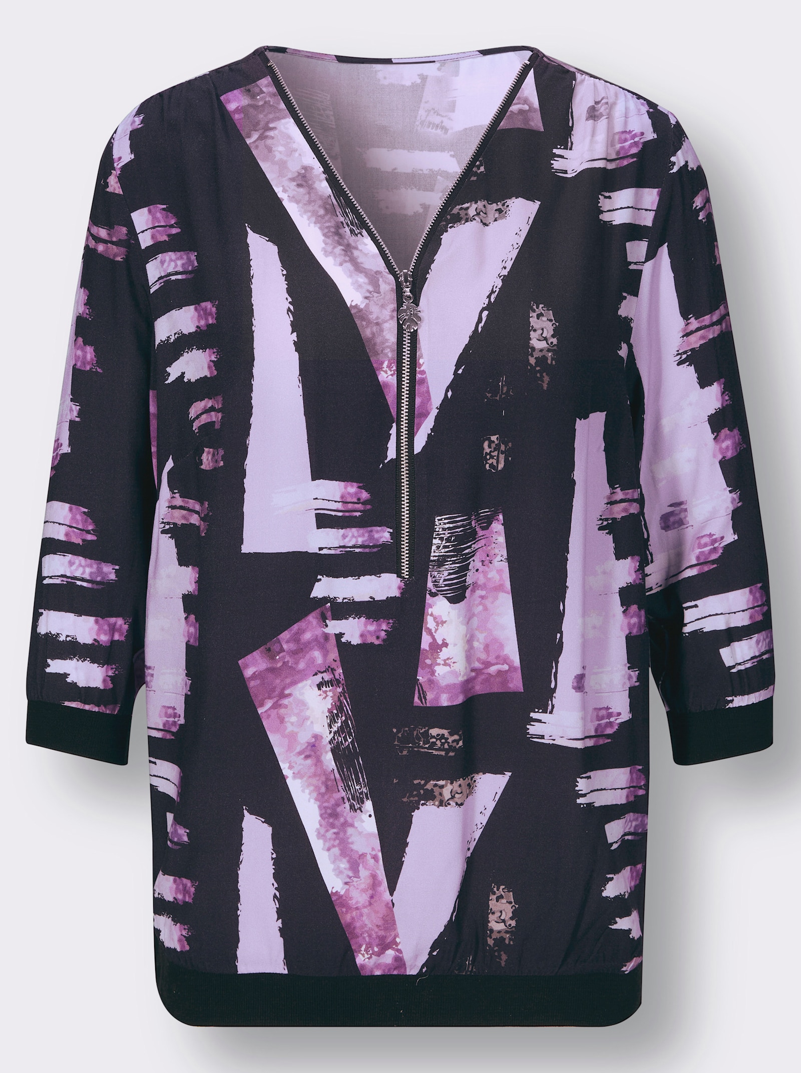 Druckbluse mit Reißverschluss - schwarz-flieder-bedruckt