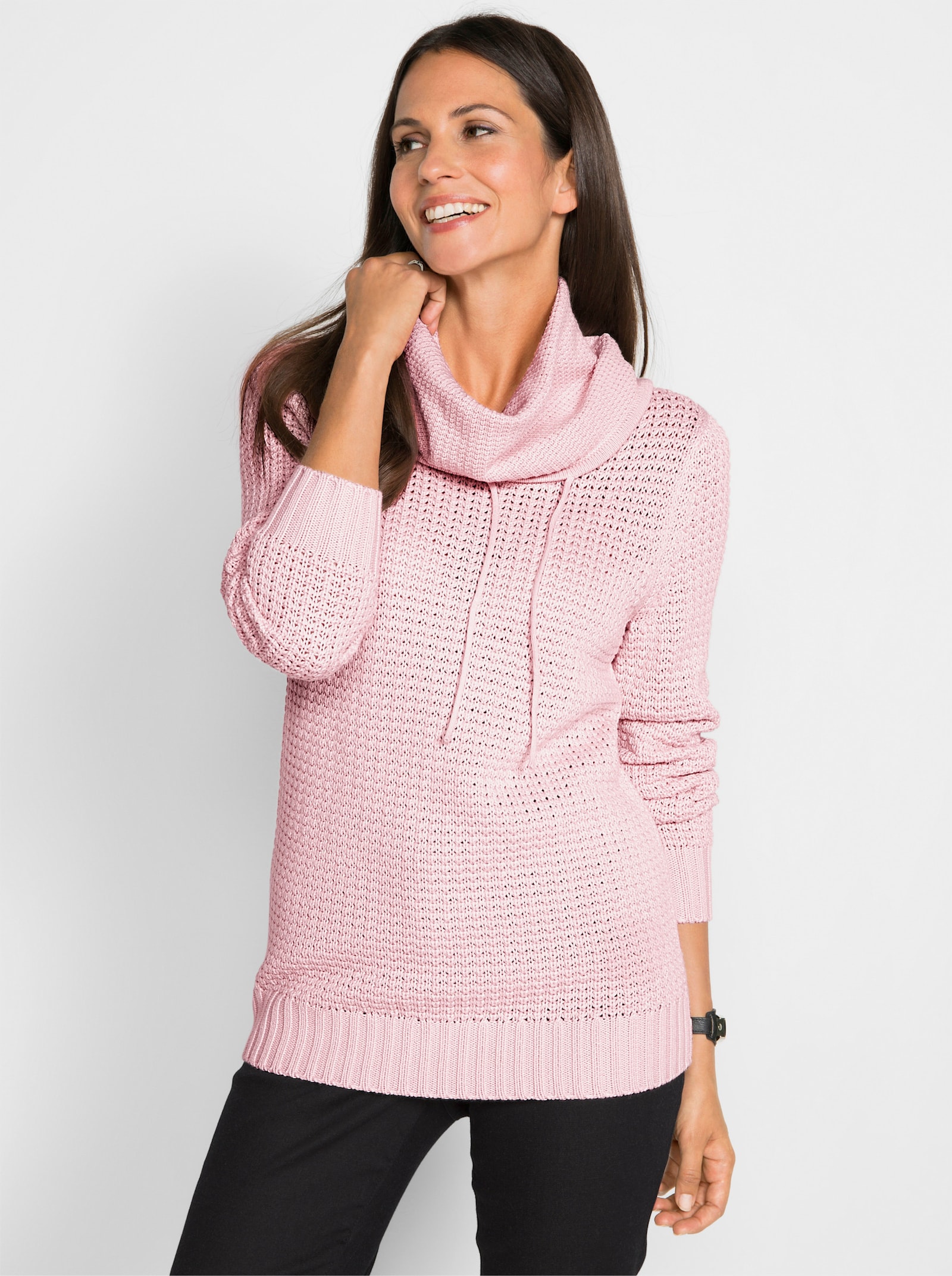 Rollkragenpullover mit Struktur-Strickmuster - hellrosé