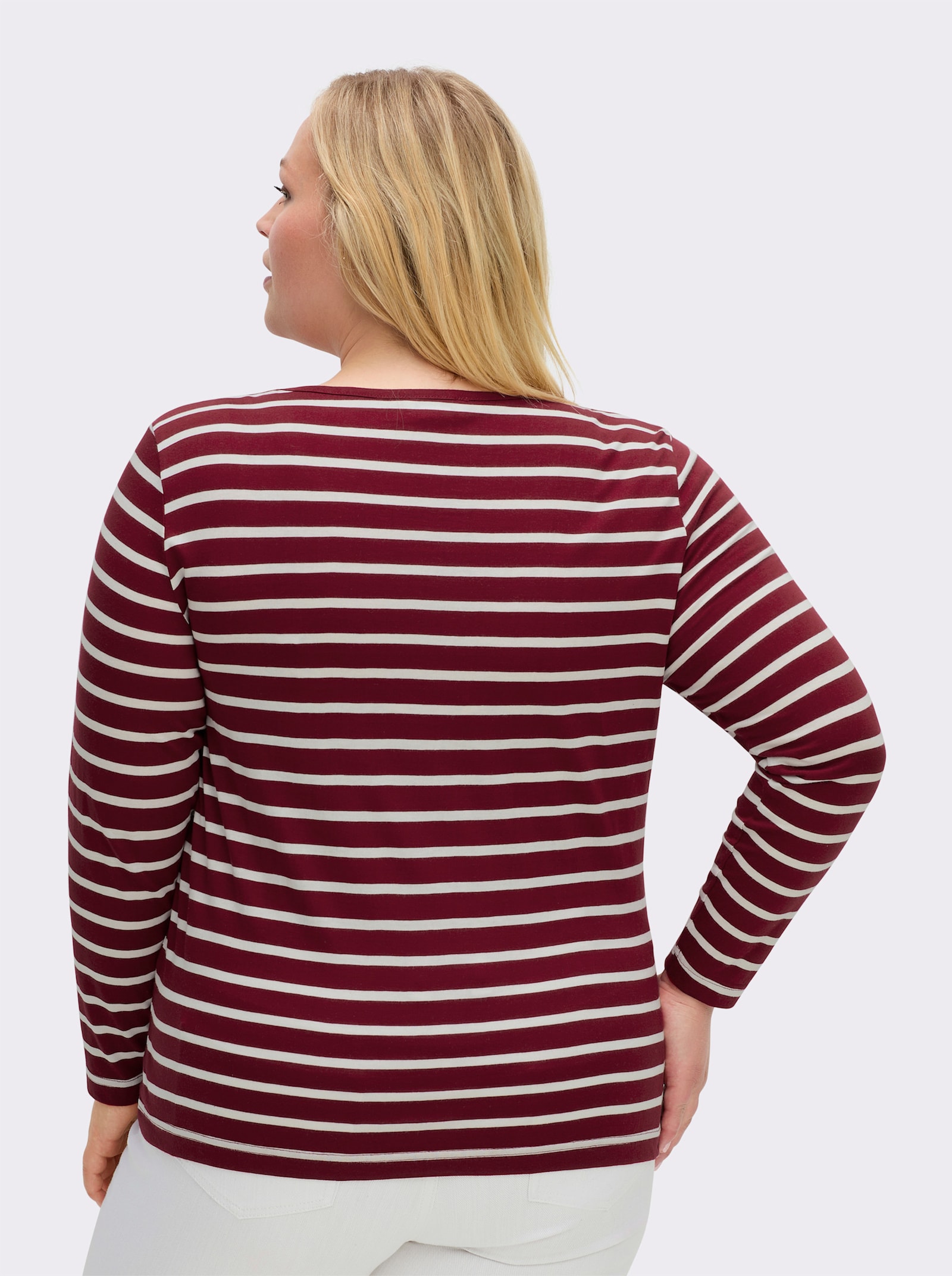 Ringelshirt mit Lederimitat-Patches - dunkelrot-ecru-gestreift