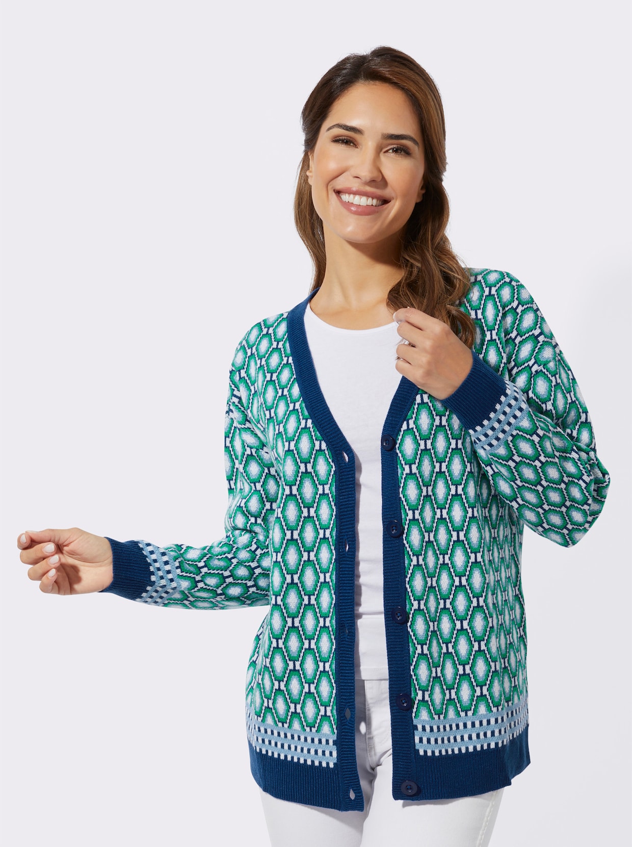 Jacquardstrickjacke - royalblau-grasgrün-gemustert