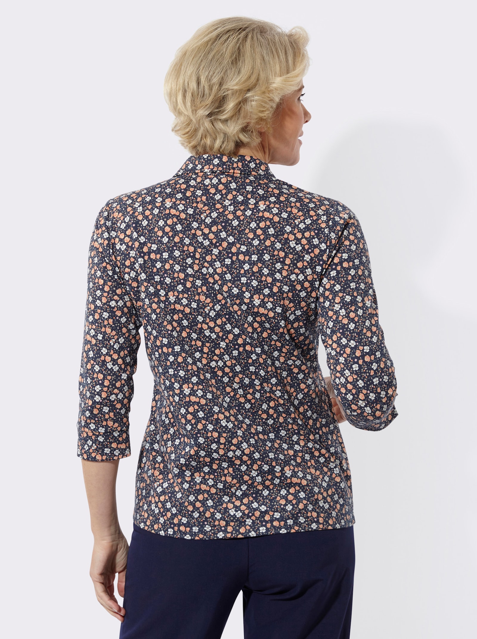 Poloshirt mit Glitzersteinchen - marine-papaya-bedruckt