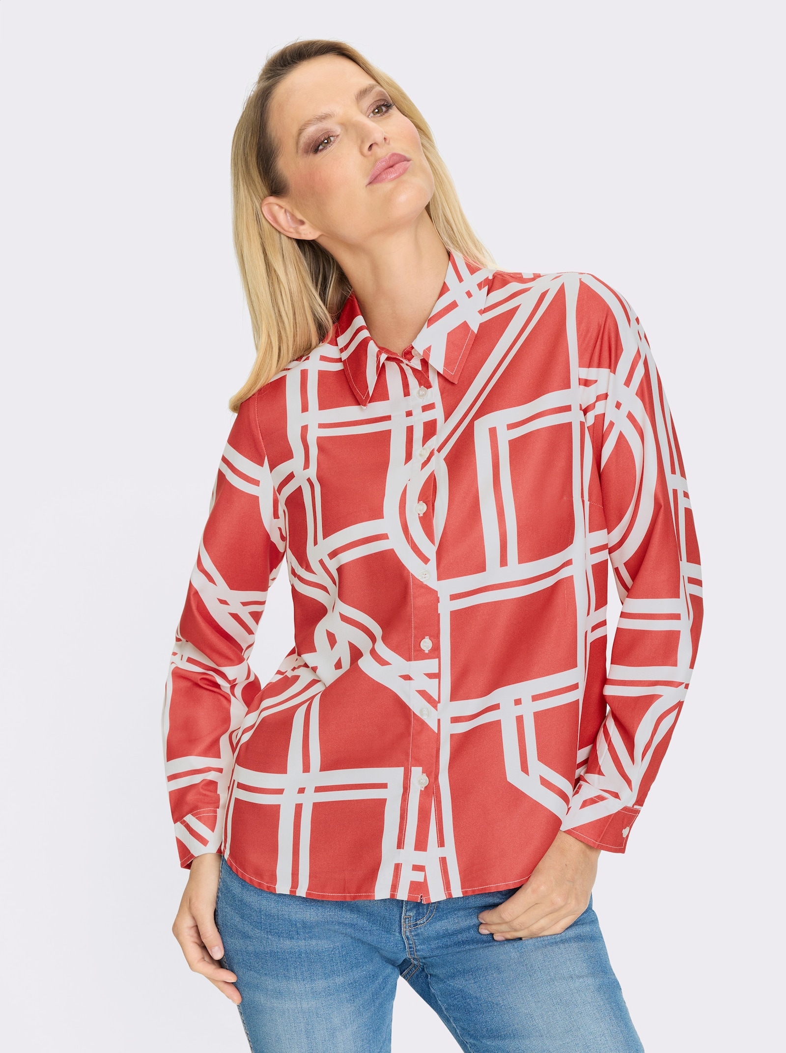 heine Druckbluse mit grafischem Dessin - rot-ecru-bedruckt