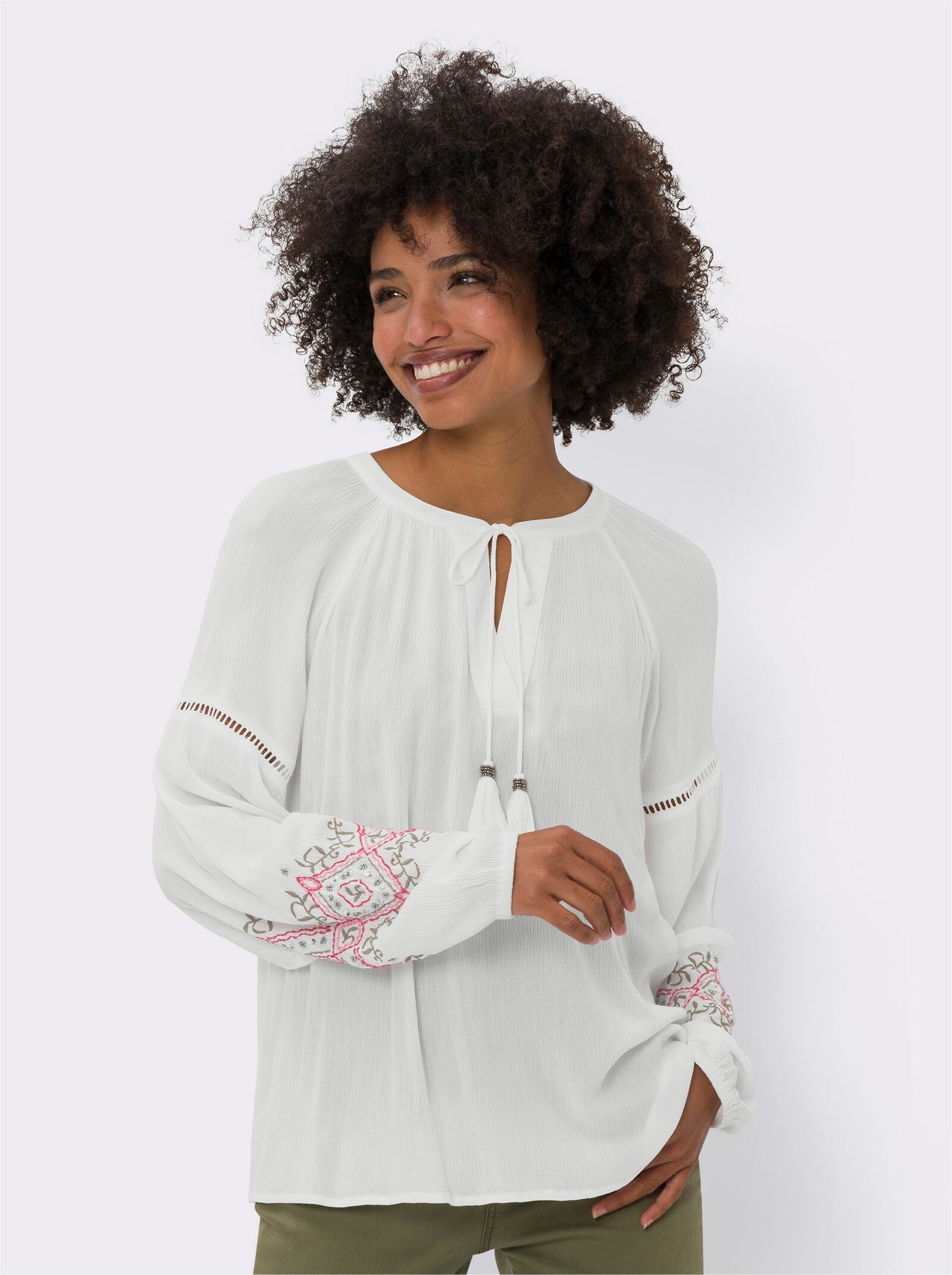 heine Crinklebluse mit Bindebändern - ecru