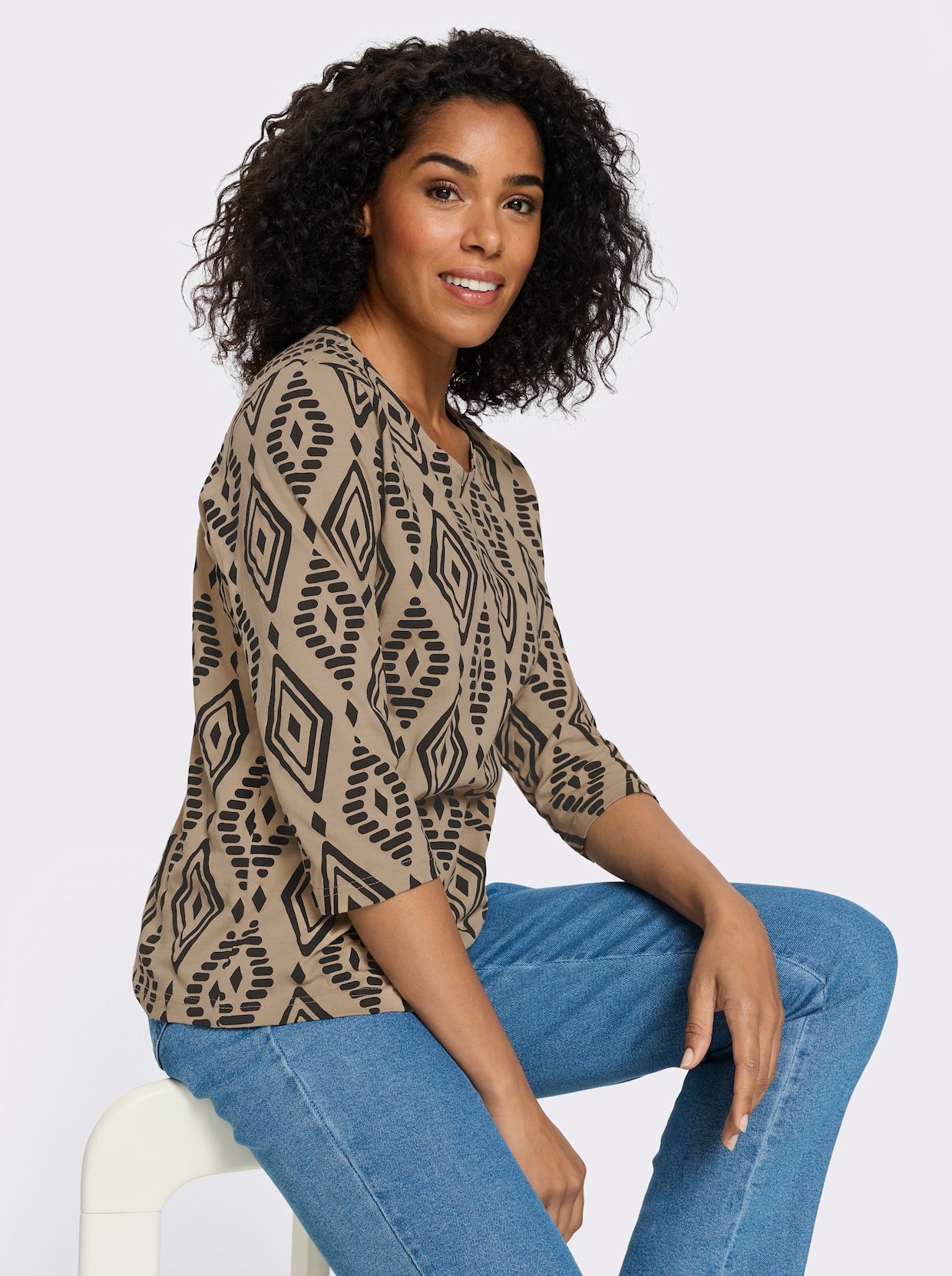 3/4-Arm-Shirt aus reiner Baumwolle, bedruckt - beige-schwarz-bedruckt