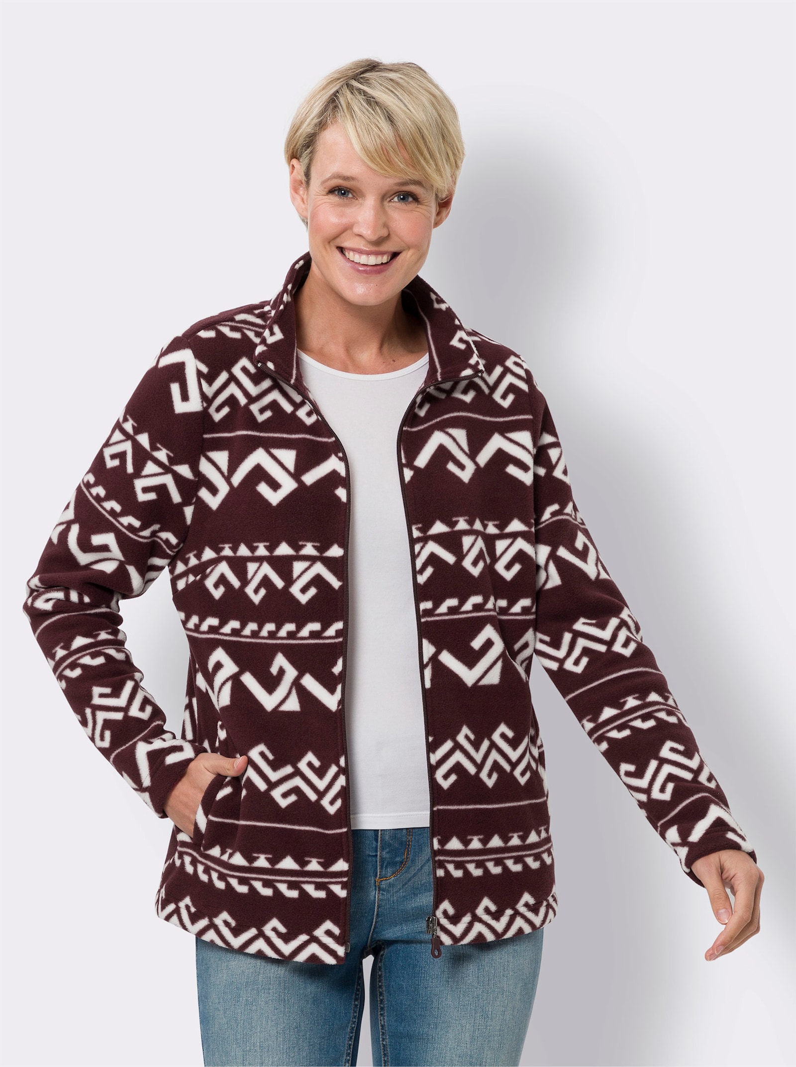 Fleecejacke allover bedruckt - burgund-ecru-bedruckt