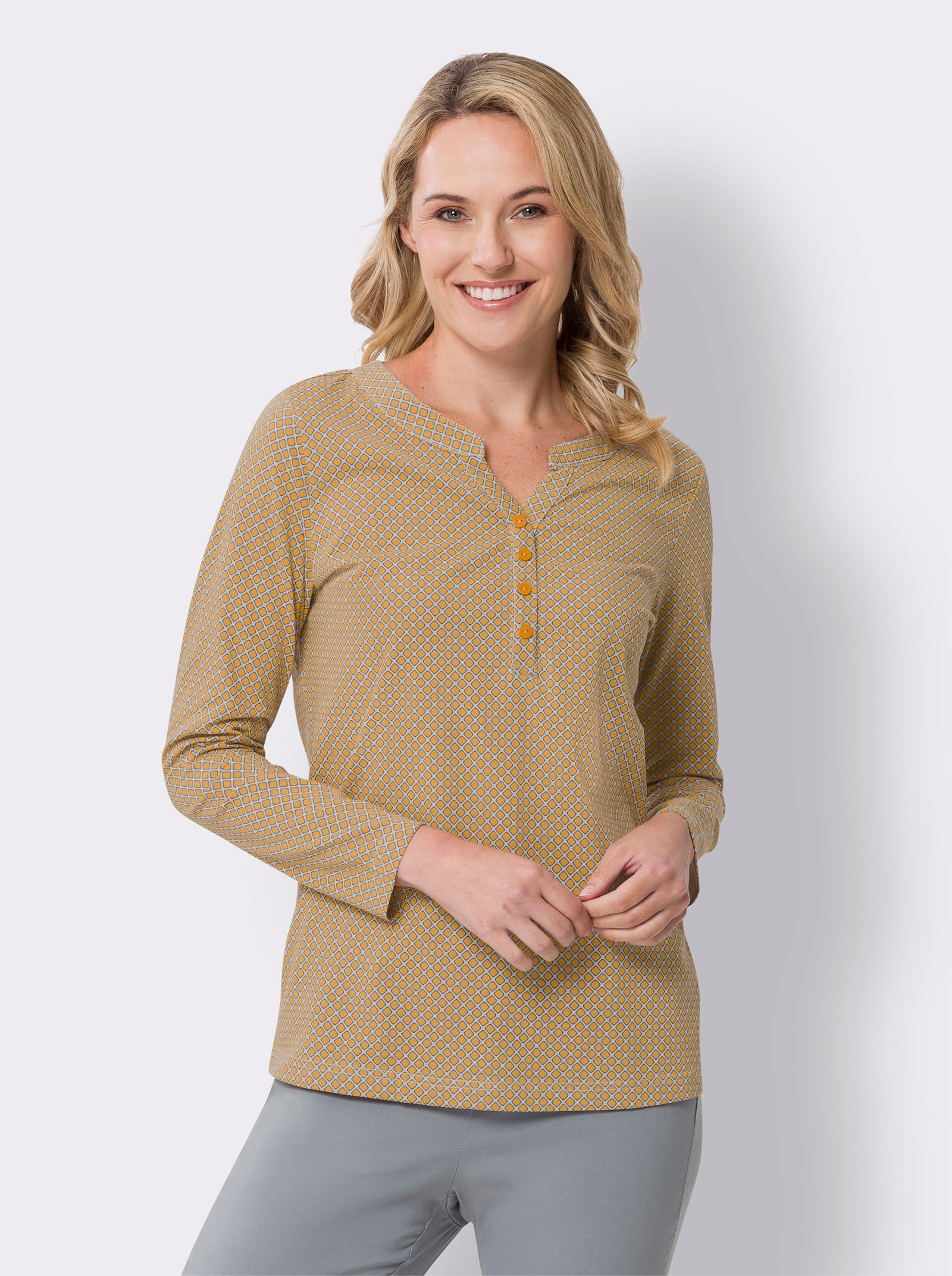 Shirt met lange mouwen en minimalistisch patroon - grijs/oker bedrukt