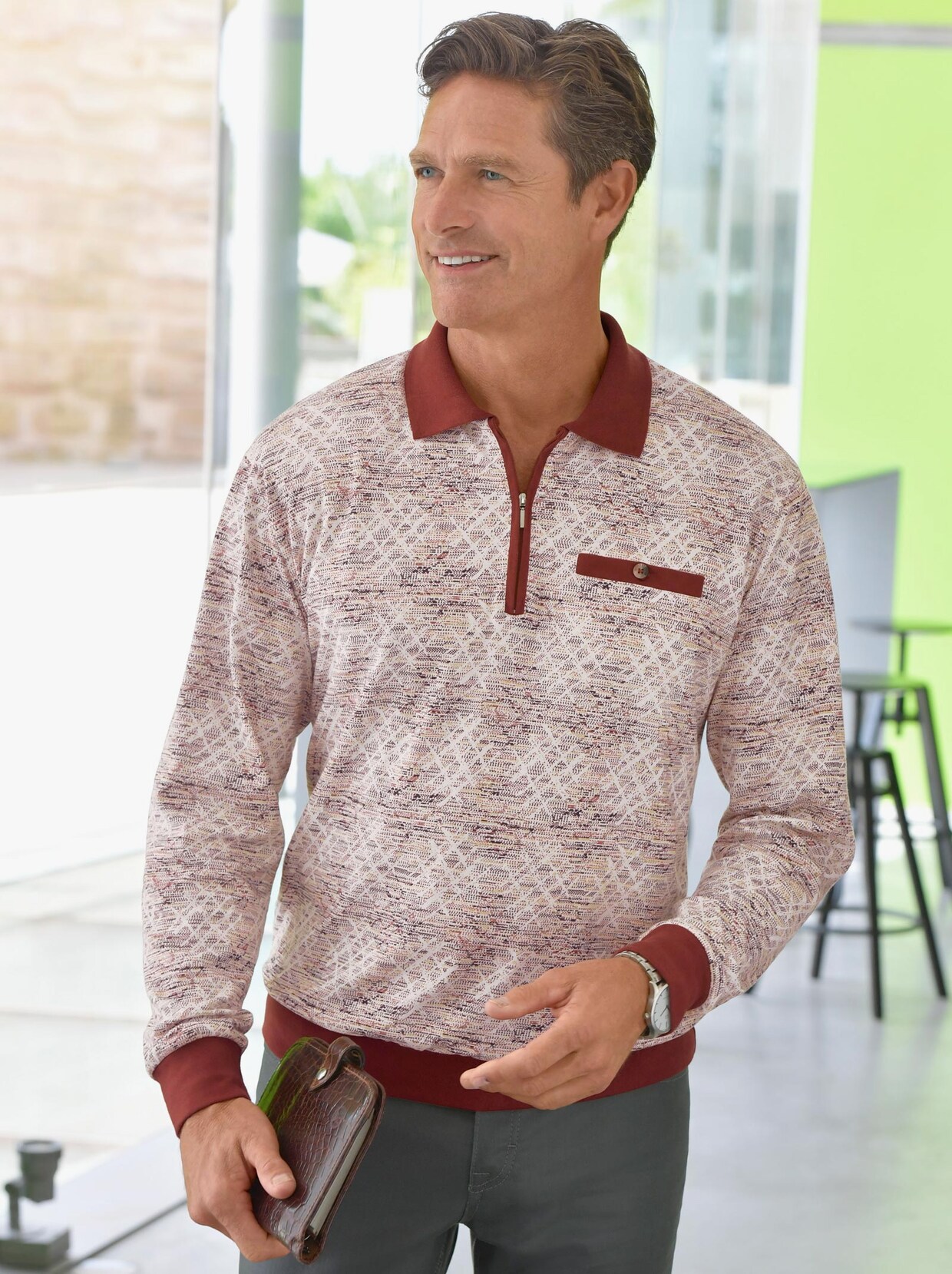Marco Donati Langarm-Poloshirt - terra-bedruckt
