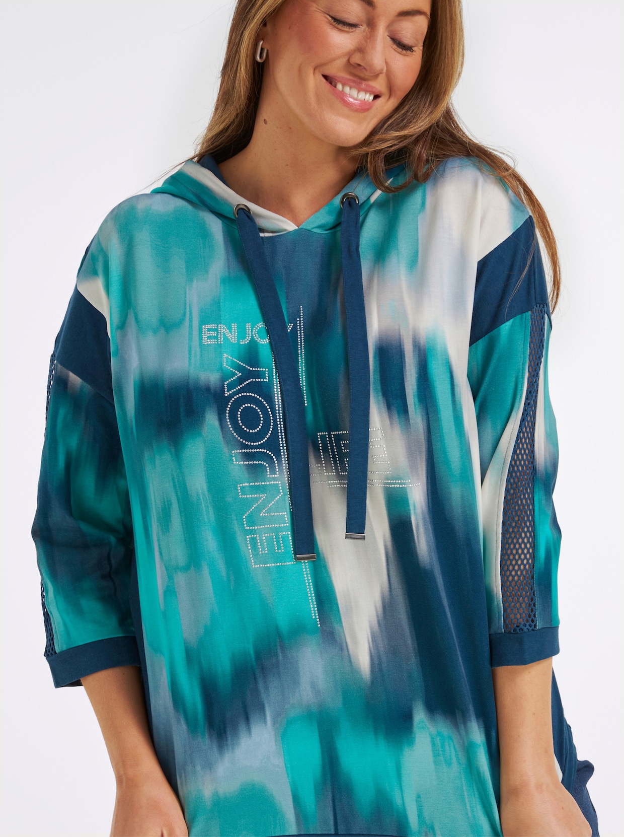 Sweatshirt mit Kontrast-Einsätzen - salbei-dunkelblau-bedruckt