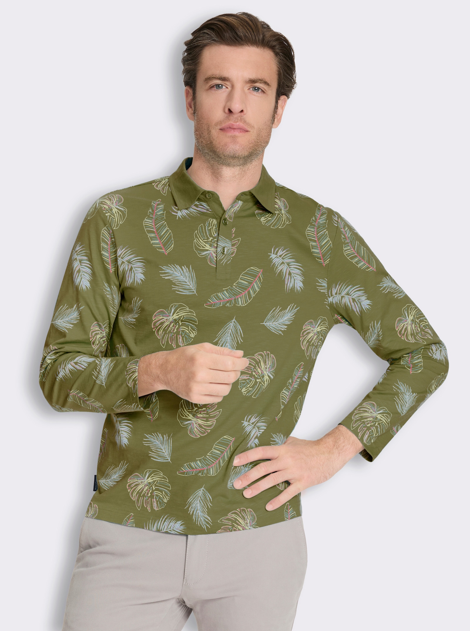 Marco Donati Langarmshirt aus Flammgarn - oliv-bedruckt