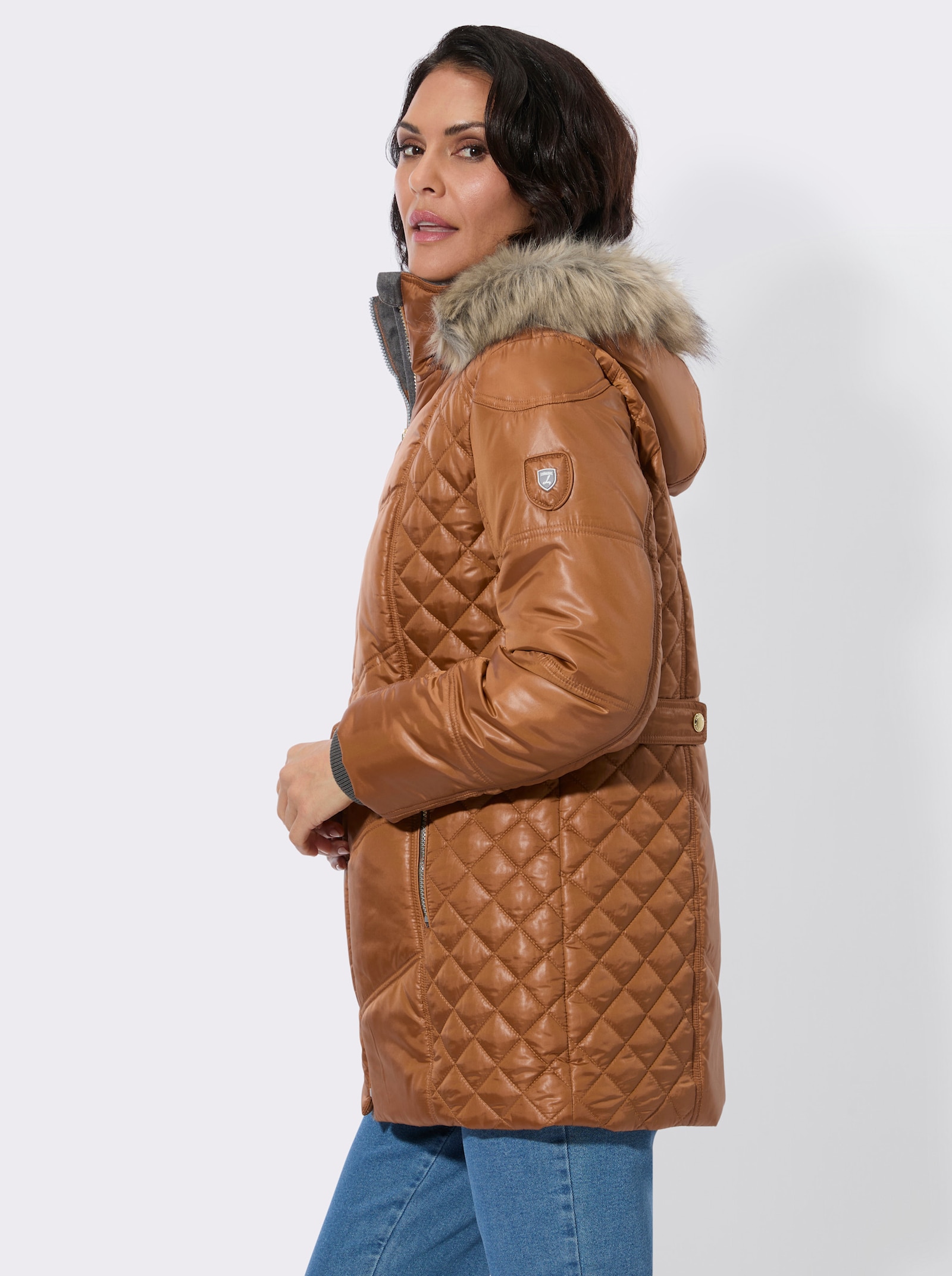 Steppjacke mit Kapuze mit Pelz-Imitat - cognac