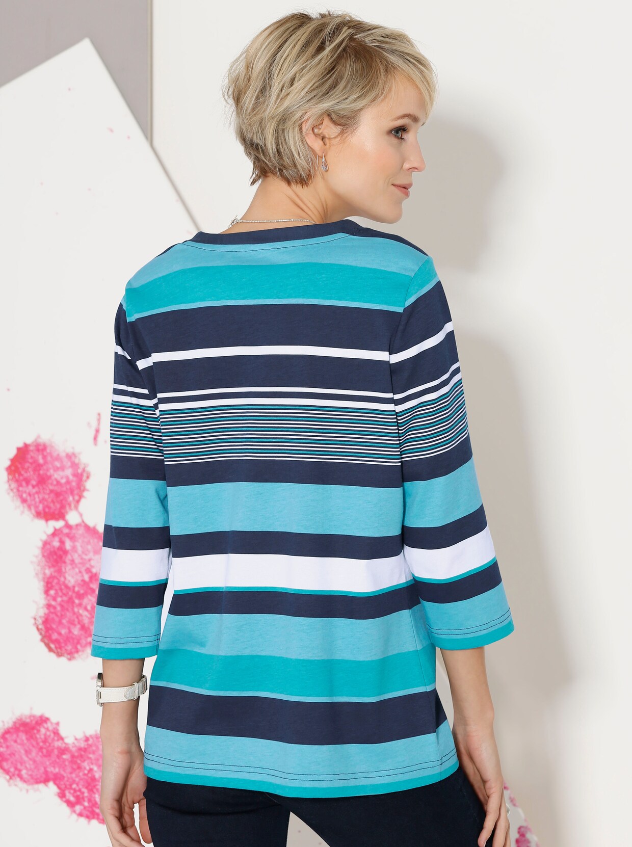 Shirt met 3/4-mouw - petrol gestreept