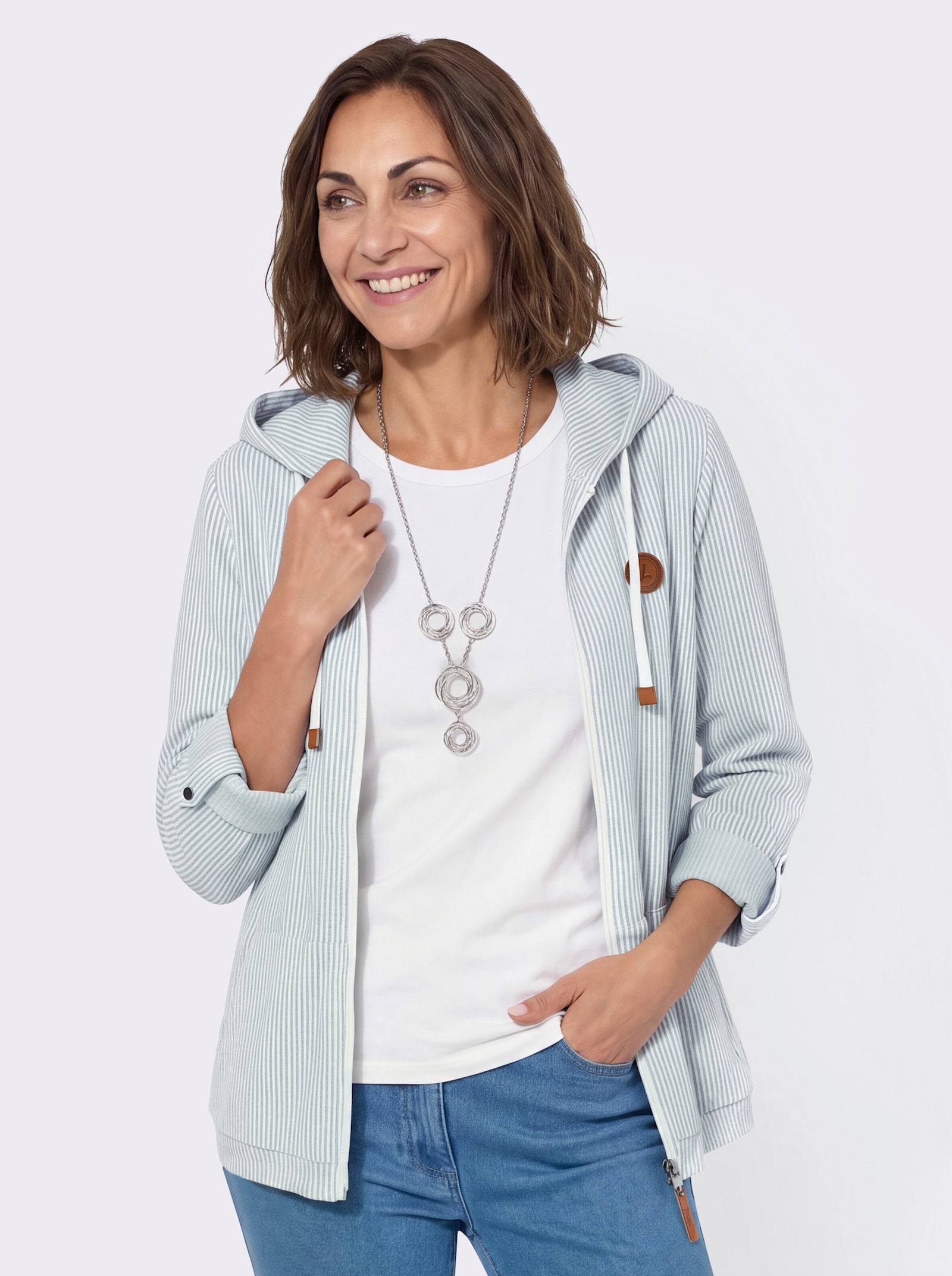 Sweatjacke mit Känguru-Tasche - bleu-ecru-gestreift