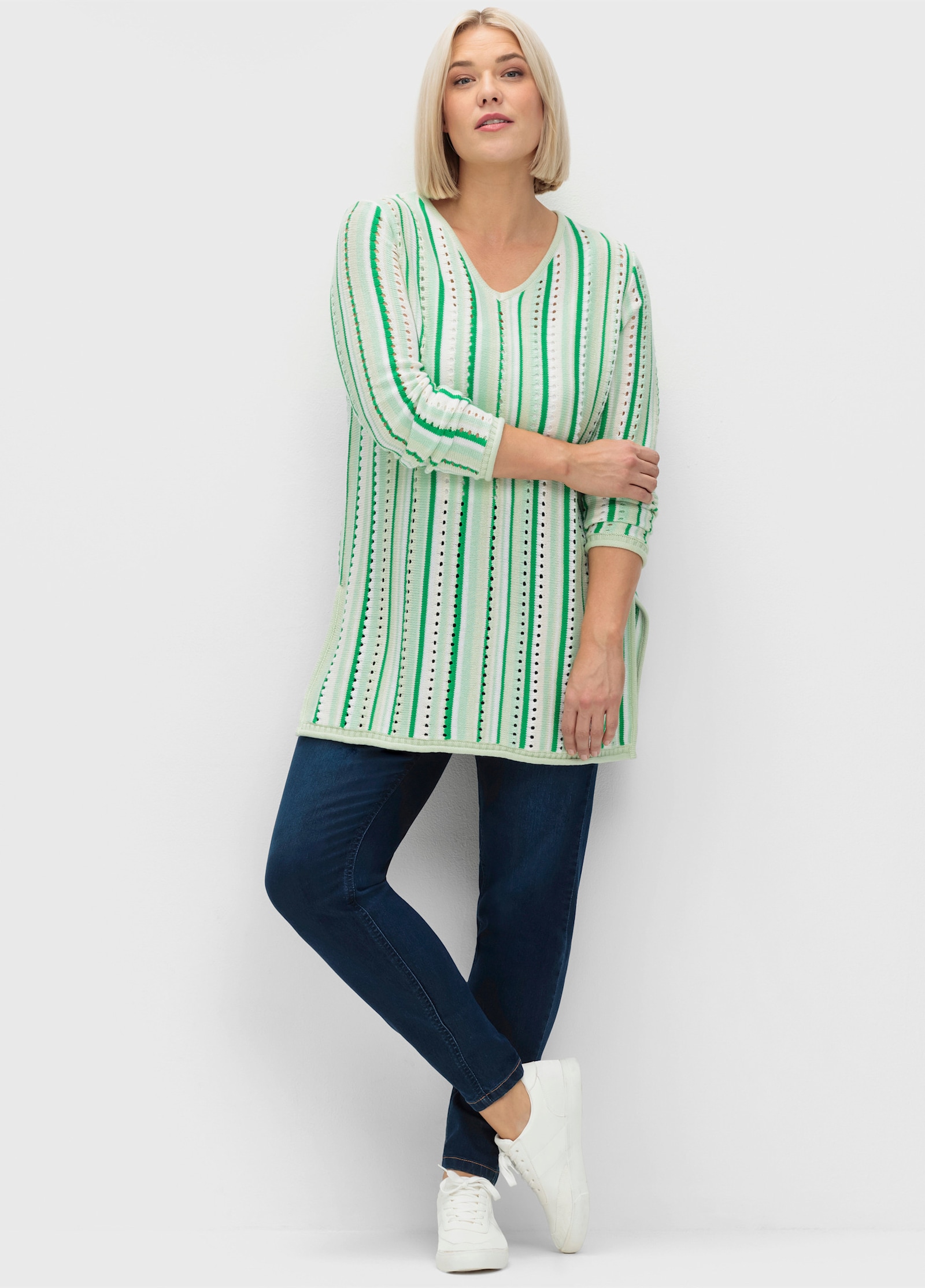 sheego Ajourpullover mit Streifen - grün-offwhite