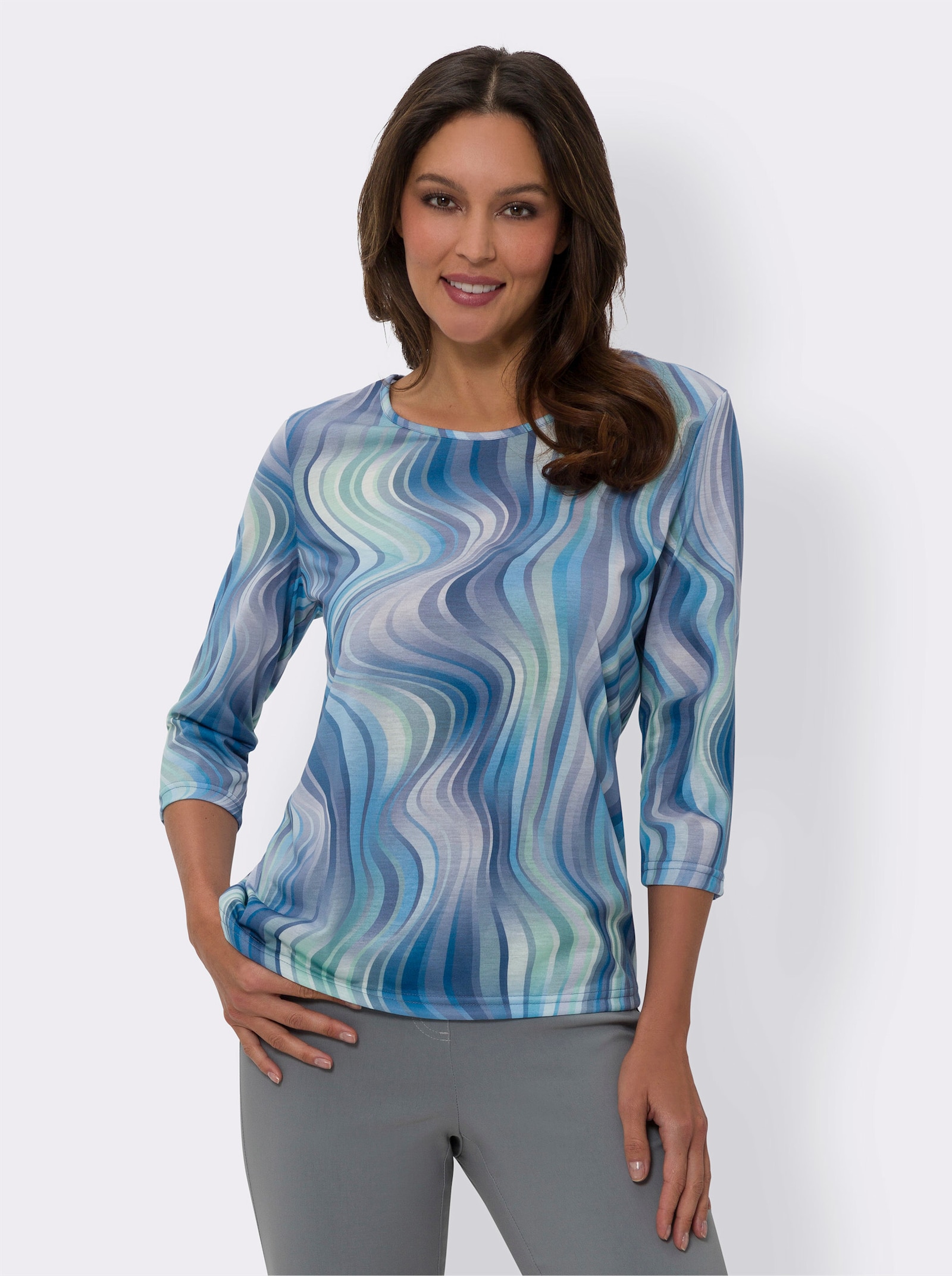 Shirt met lange mouwen in golfdessin - aqua/duivenblauw bedrukt