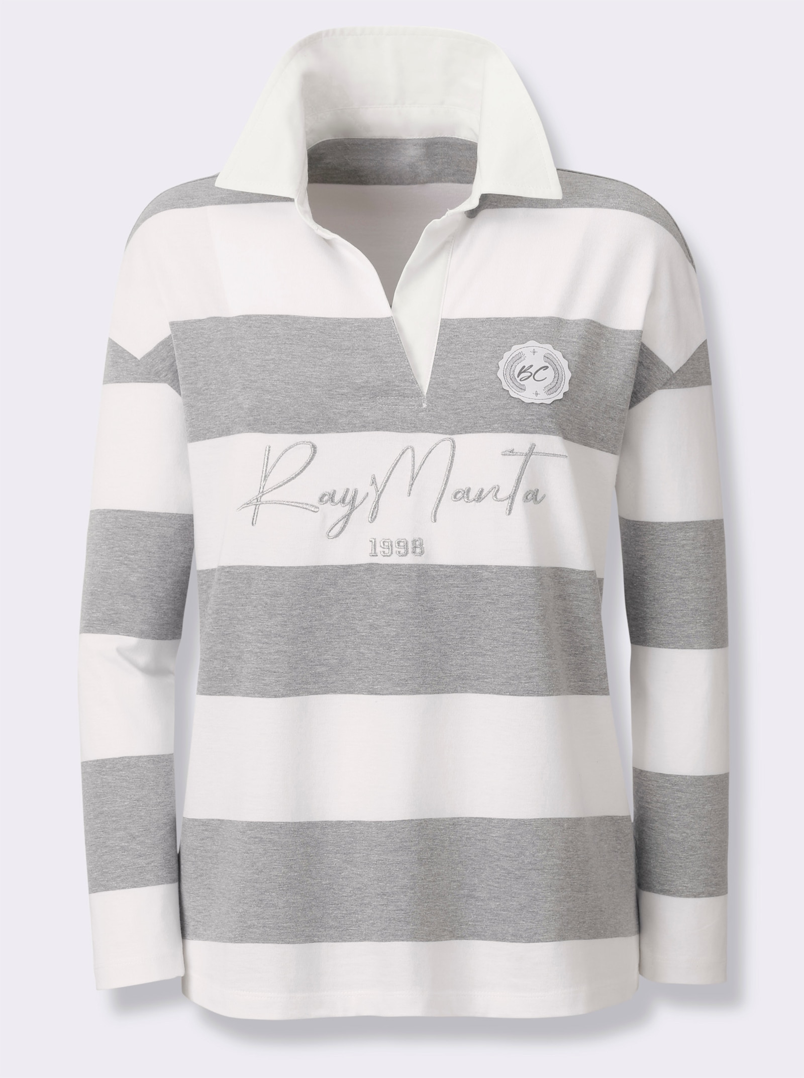 heine Langarm-Poloshirt mit Streifen - grau-ecru-bedruckt