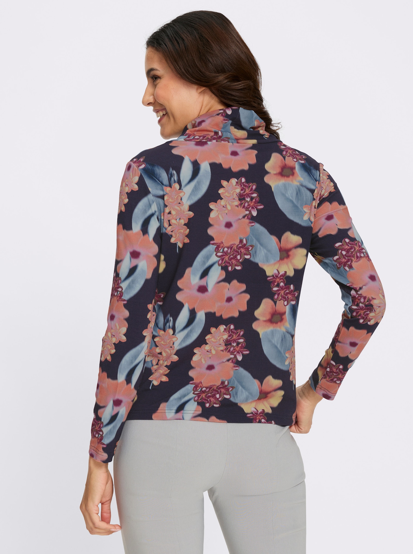 Rollkragenshirt mit großen Blüten - marine-papaya-bedruckt