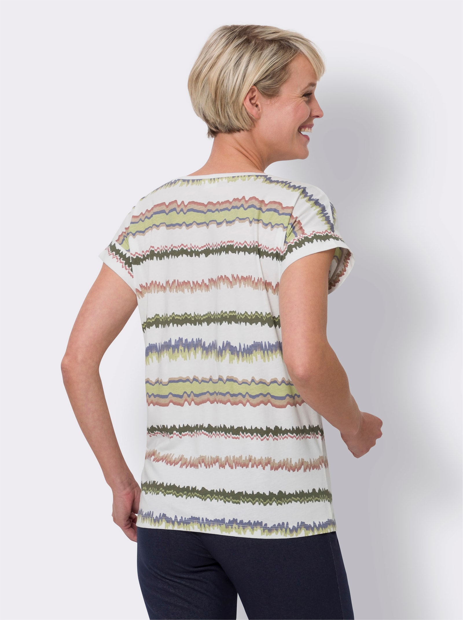 Rundhalsshirt aus reiner Baumwolle - ecru-khaki-bedruckt