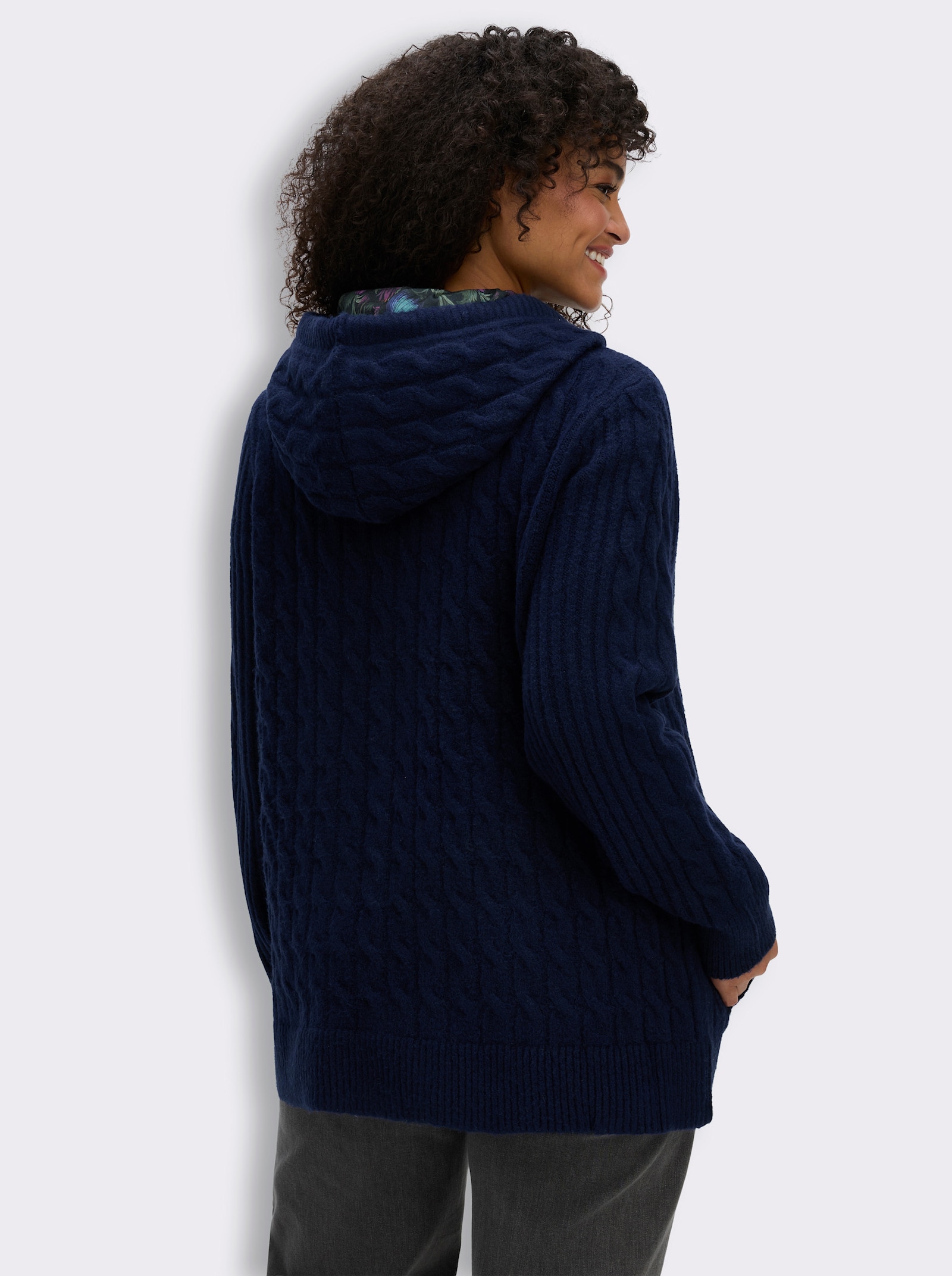 sheego by Joe Browns Strickjacke mit floralem Kapuzenfutter - marine-jeansblau-meliert