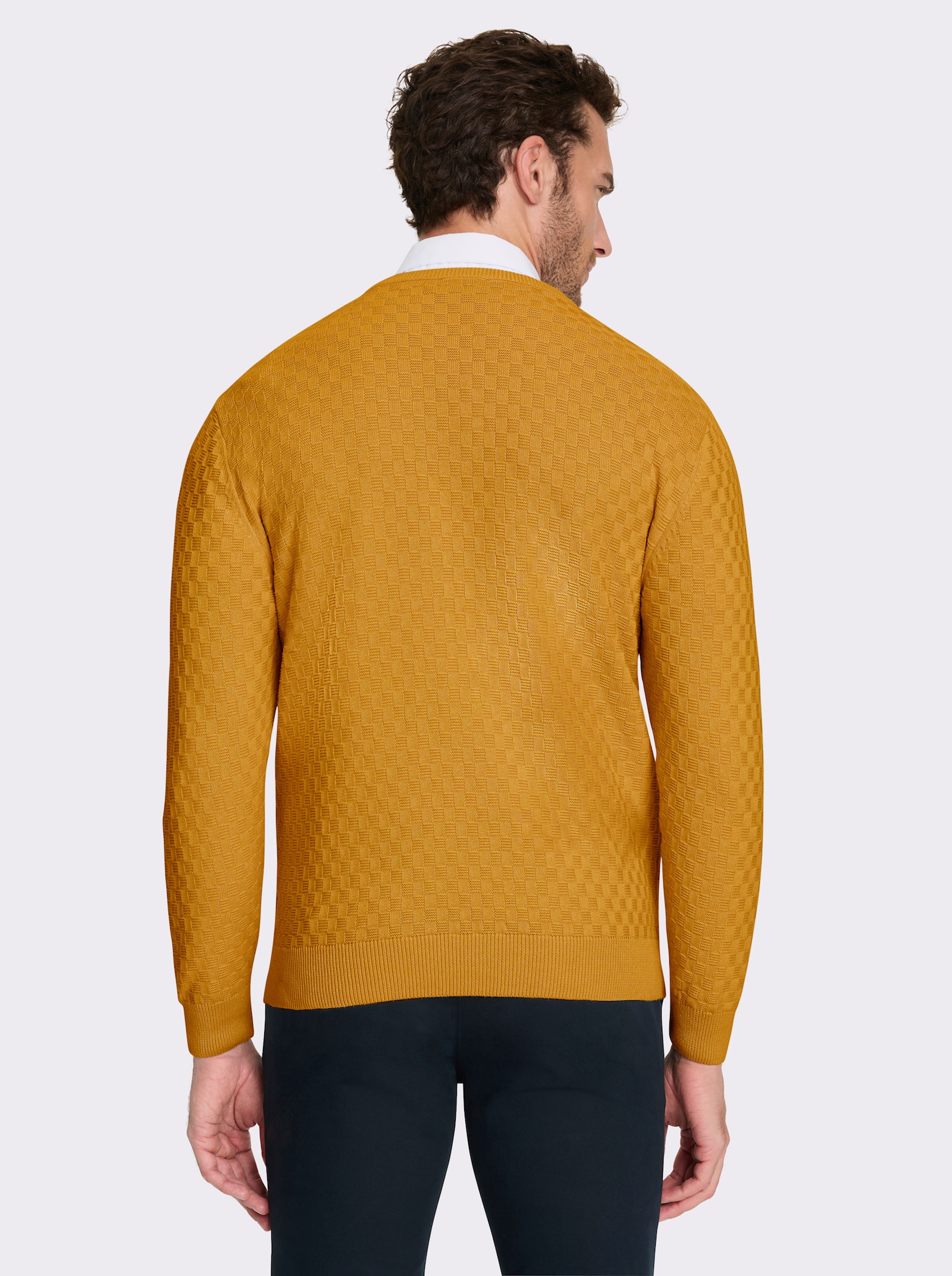 Marco Donati Rundhalspullover im Schachbrett-Muster rundum - ocker