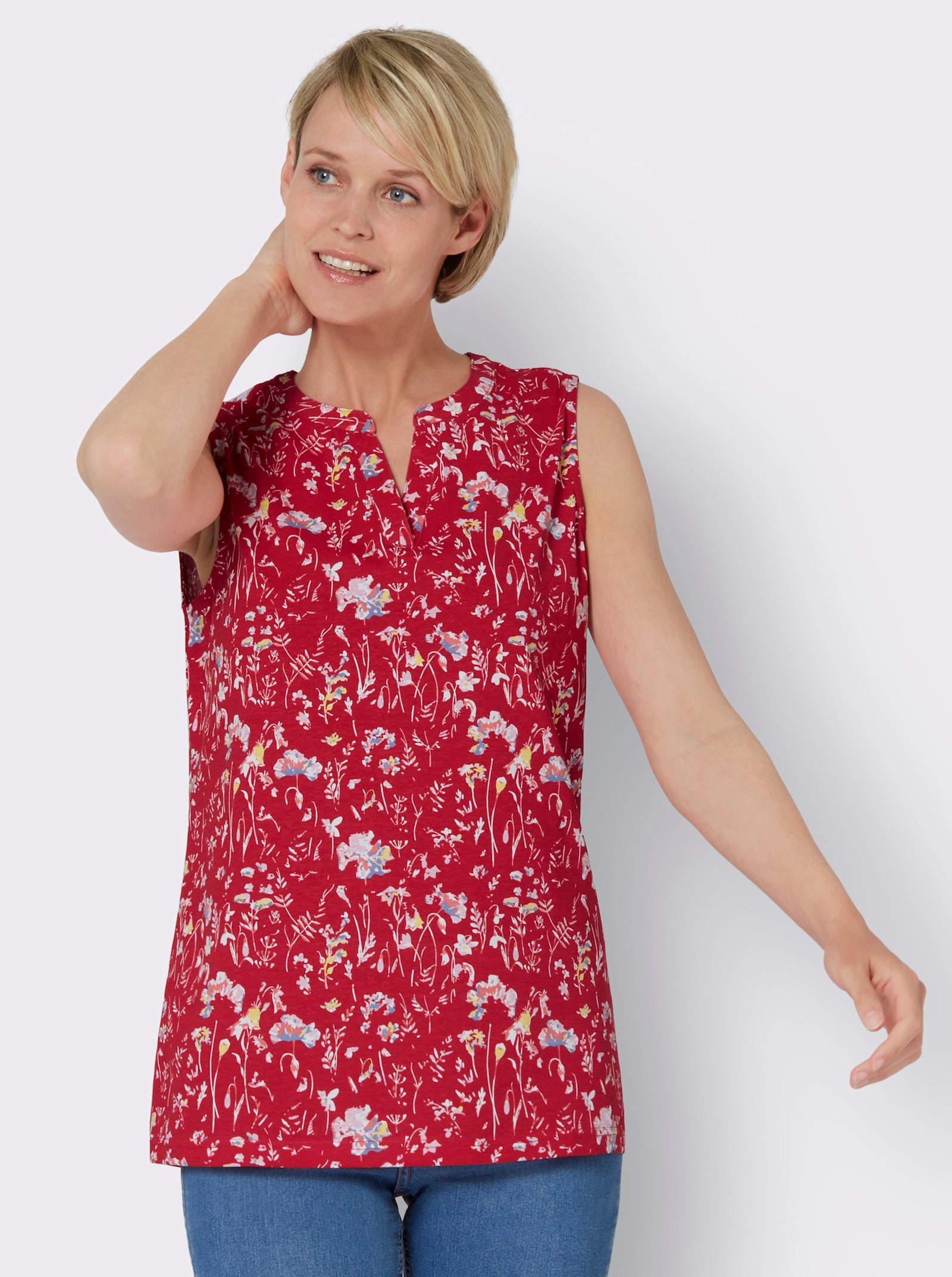 Shirttop mit Rundhals-Ausschnitt - rot-taubenblau-bedruckt
