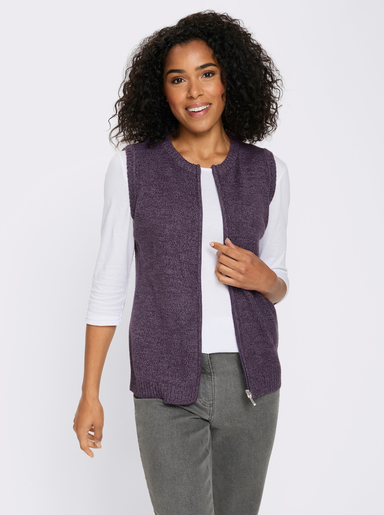 Mouwloos vest van gemêleerd garen - vijg/aubergine gemêleerd