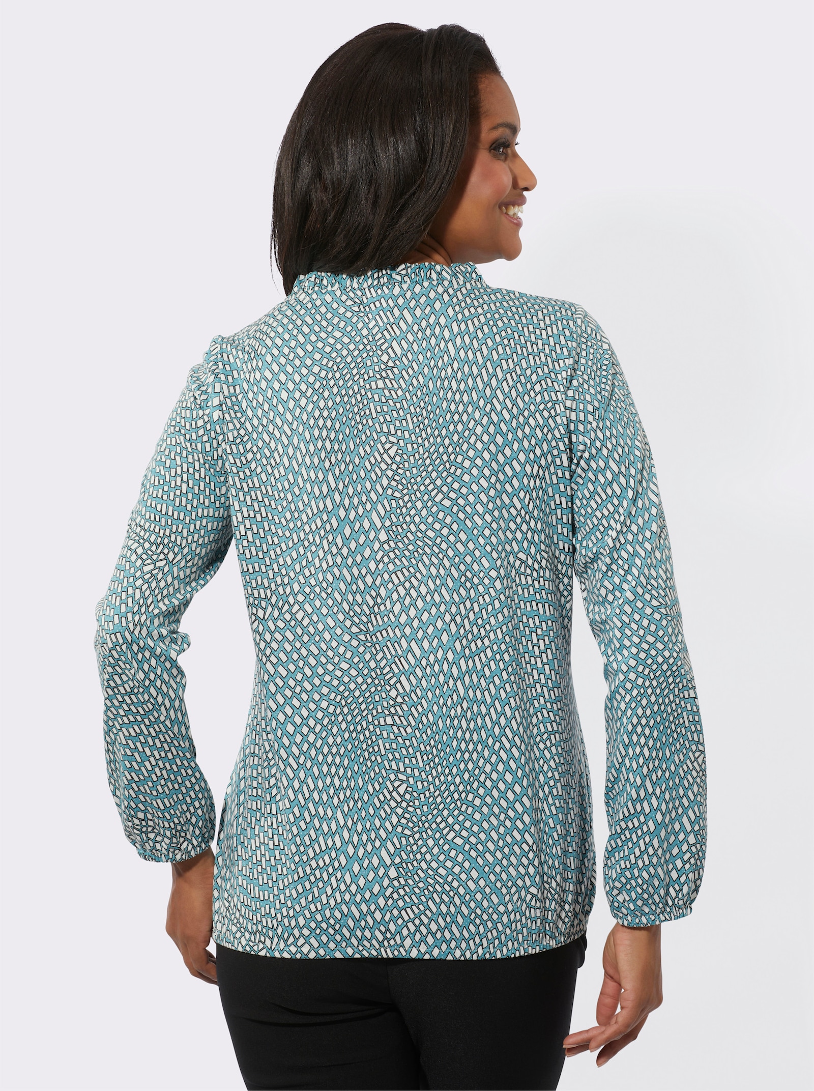 Langarmshirt im Material-Mix - ozean-ecru-bedruckt