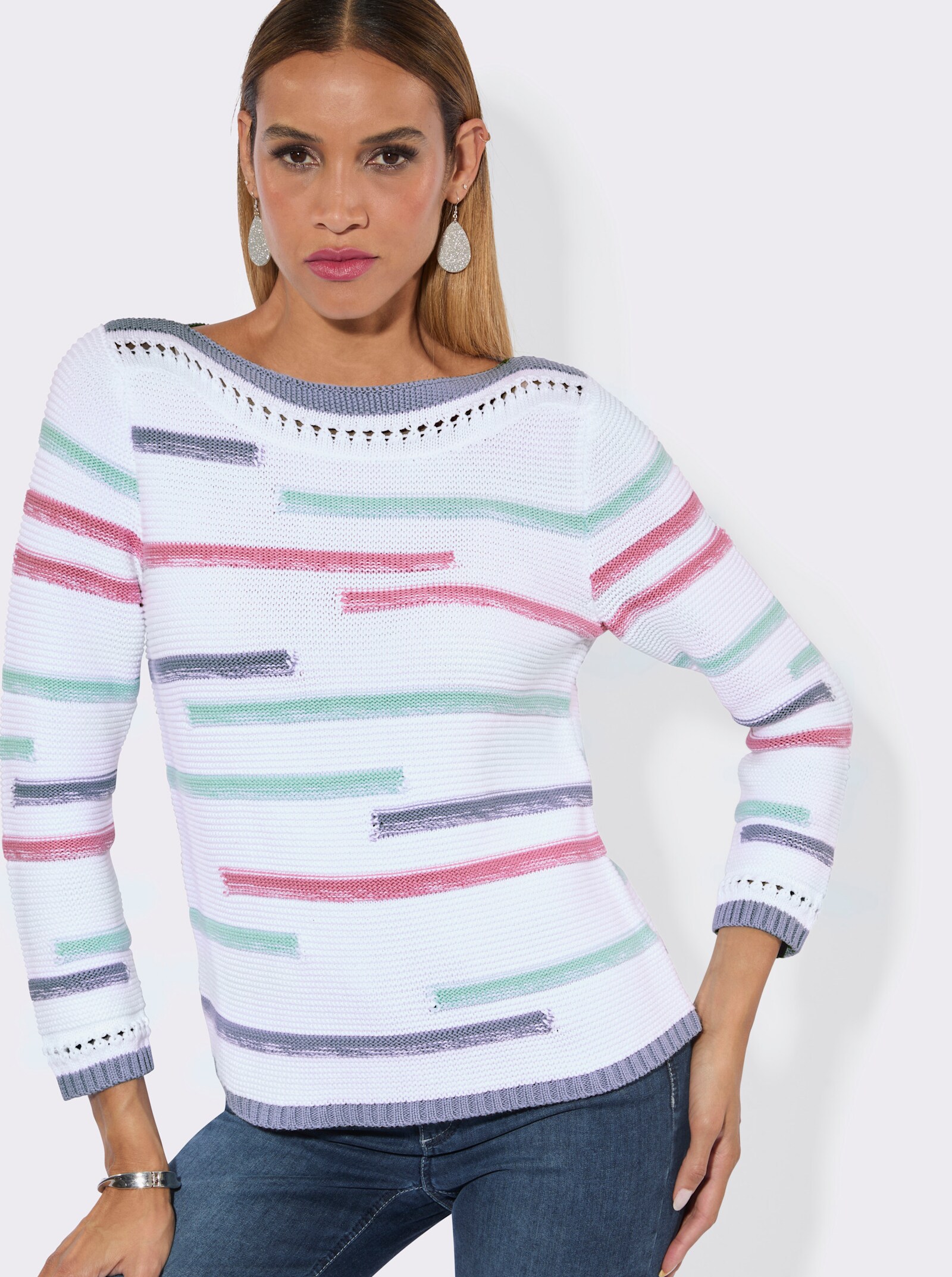 Langarm-Pullover mit U-Boot-Ausschnitt - weiß-taubenblau-geringelt