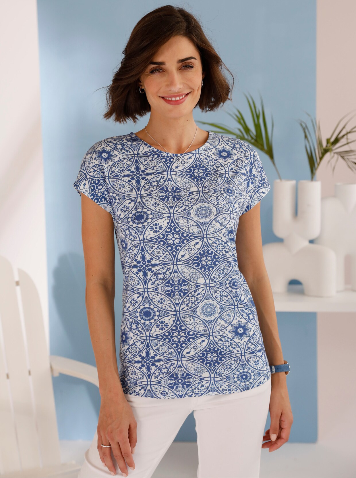 Shirt met ronde hals - jeansblauw gedessineerd
