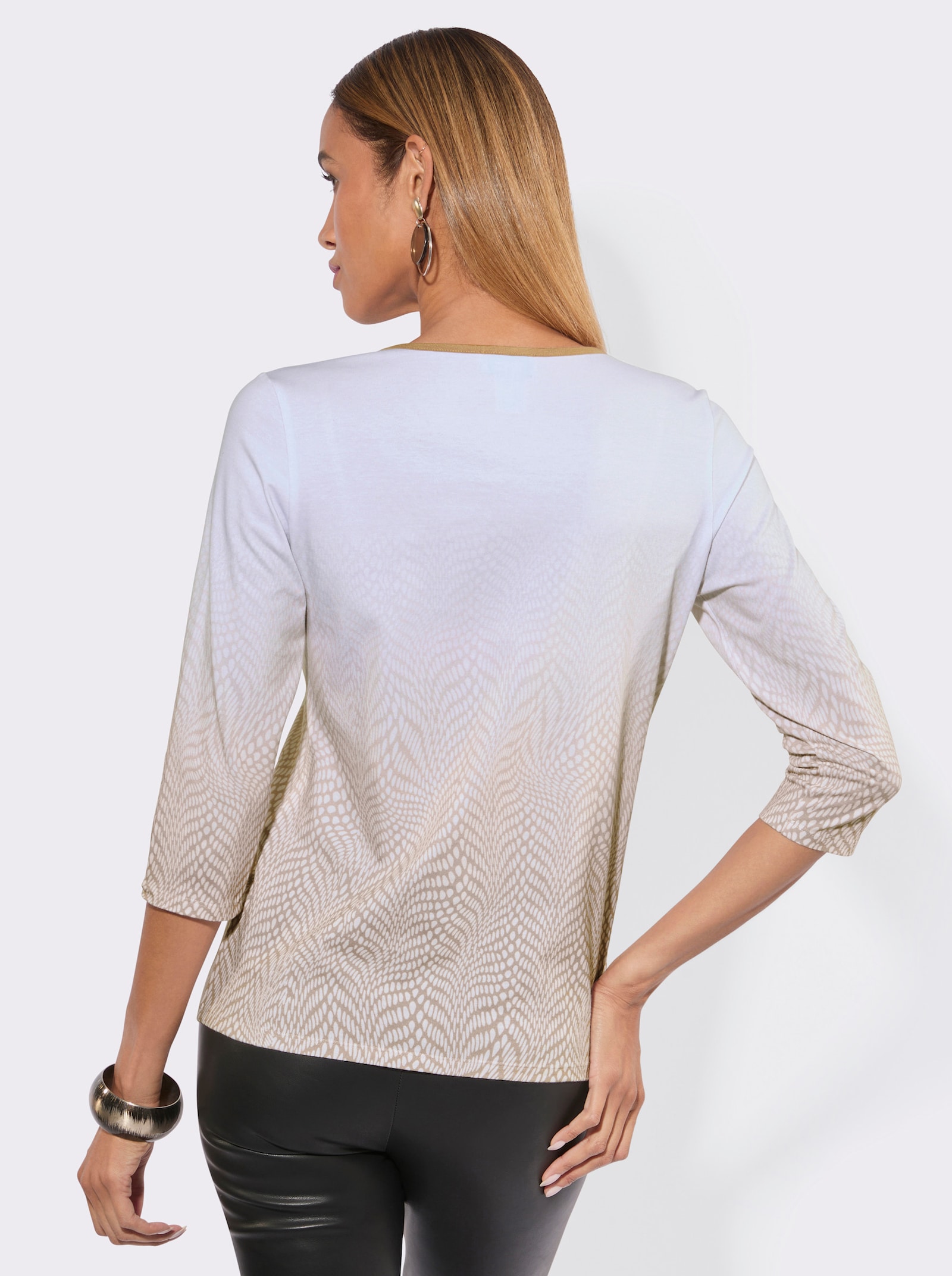 Rundhalsshirt im Farbverlauf - weiß-beige-bedruckt