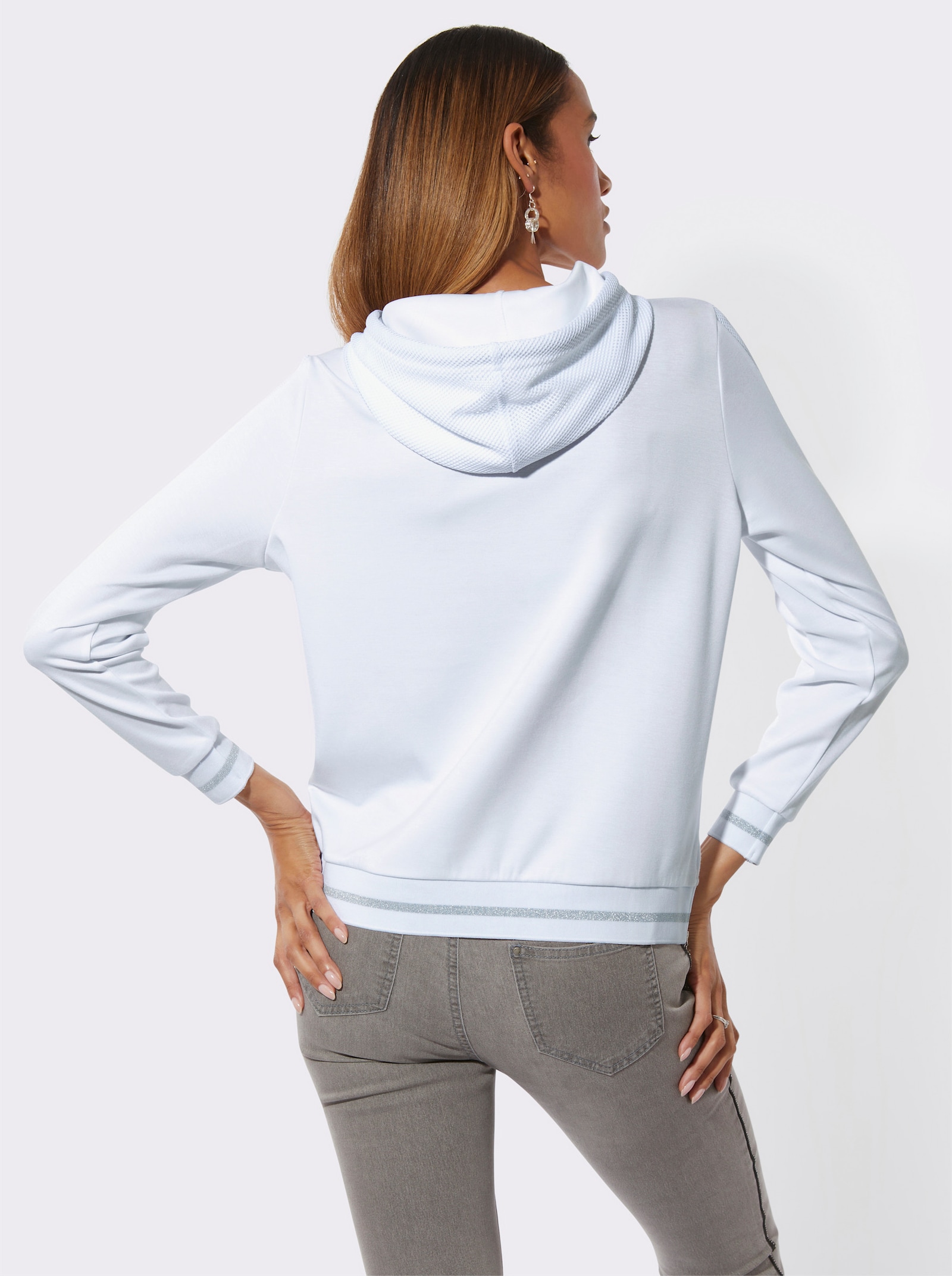 Kapuzensweatshirt mit Netz-Akzenten - weiß-silberfarben-bedruckt
