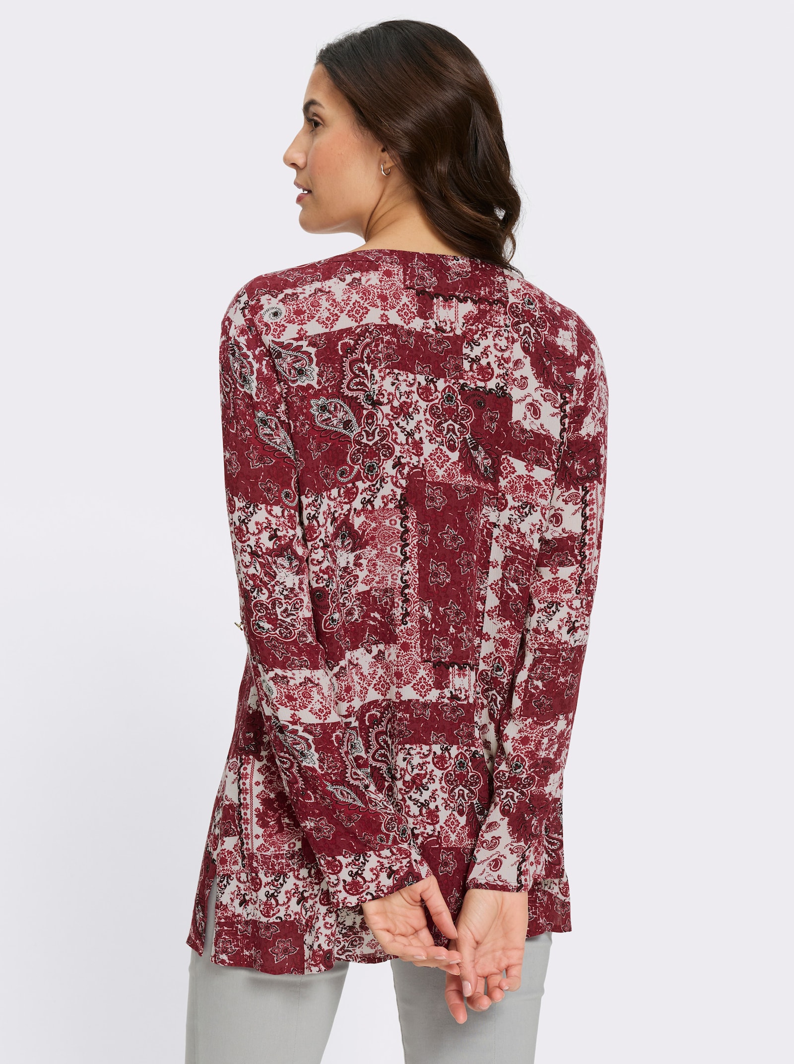 Longbluse - champagner-dunkelrot-bedruckt