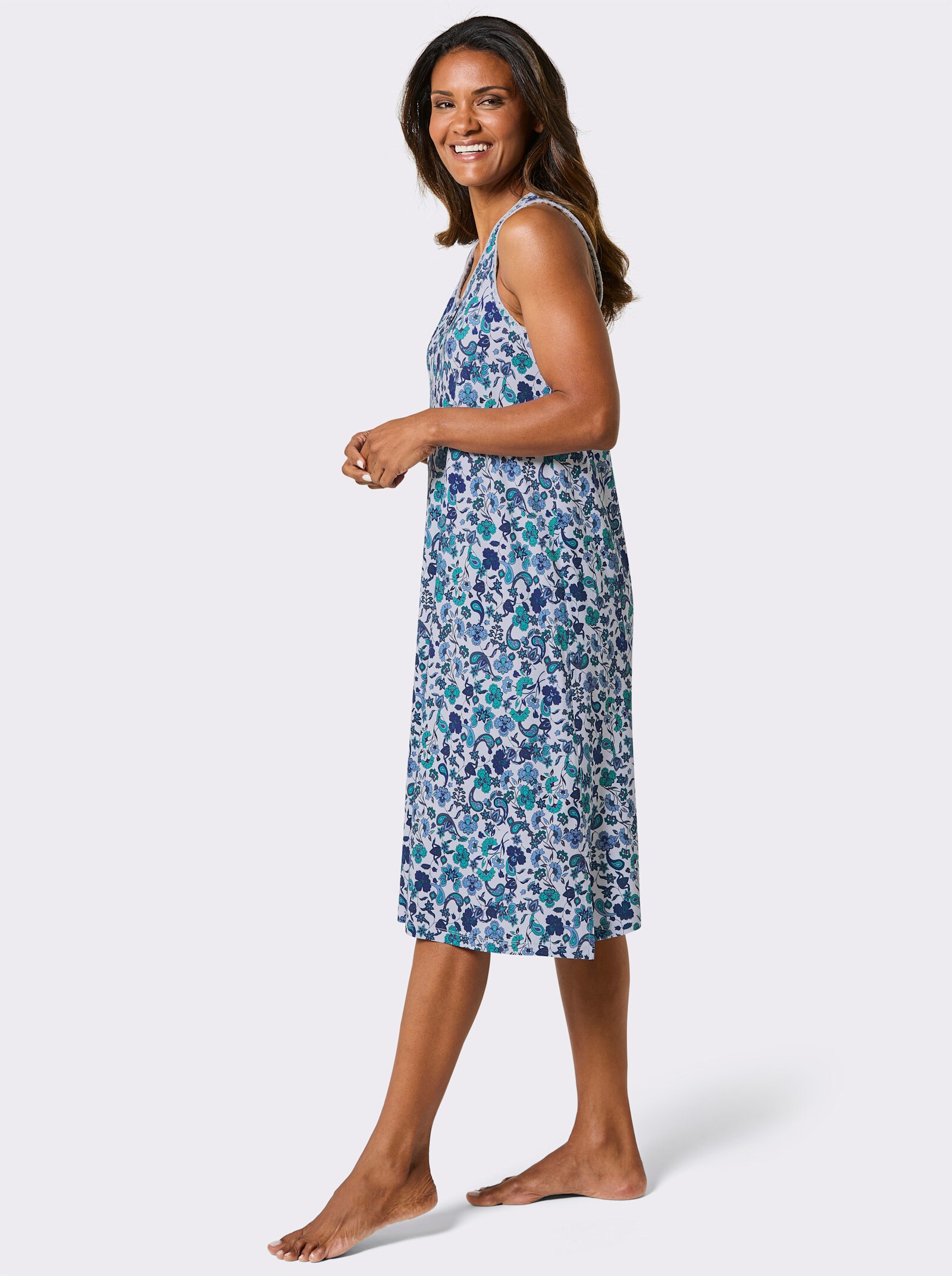 feel good Sommerkleid mit Zierteil am Ausschnitt - jeansblau-topas-bedruckt