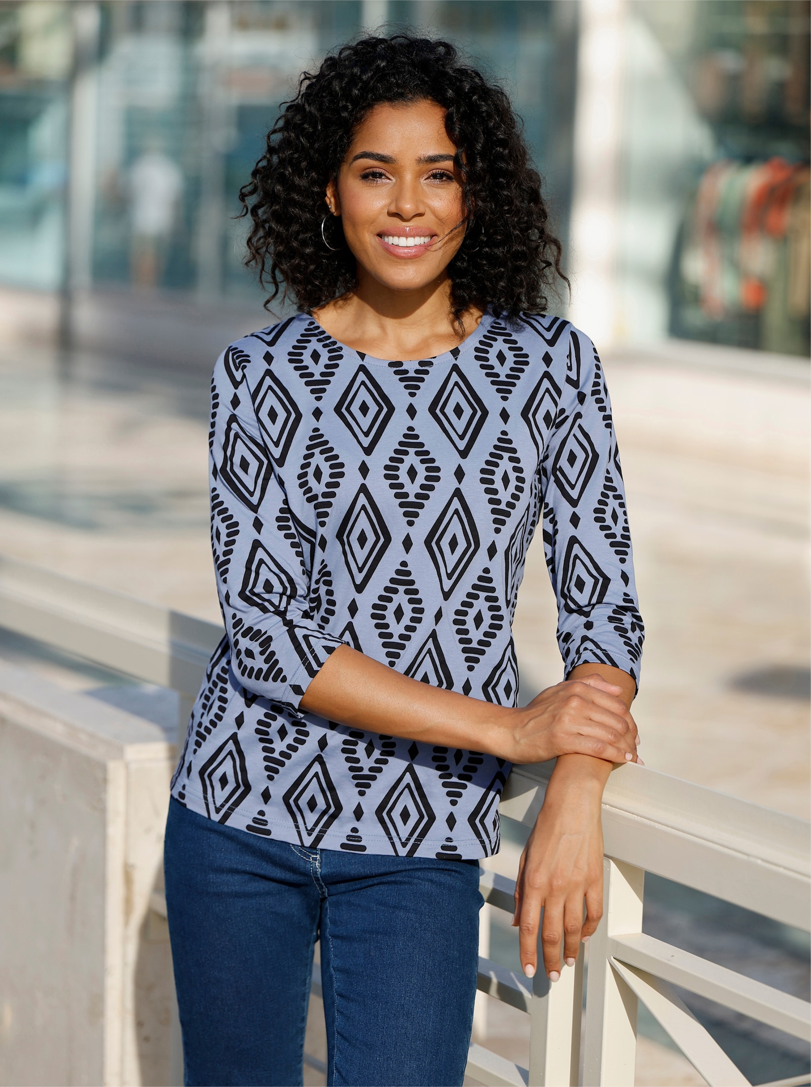 3/4-Arm-Shirt aus reiner Baumwolle, bedruckt - taubenblau-schwarz-bedruckt