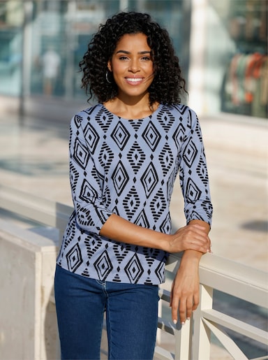 3/4-Arm-Shirt aus reiner Baumwolle, bedruckt - taubenblau-schwarz-bedruckt