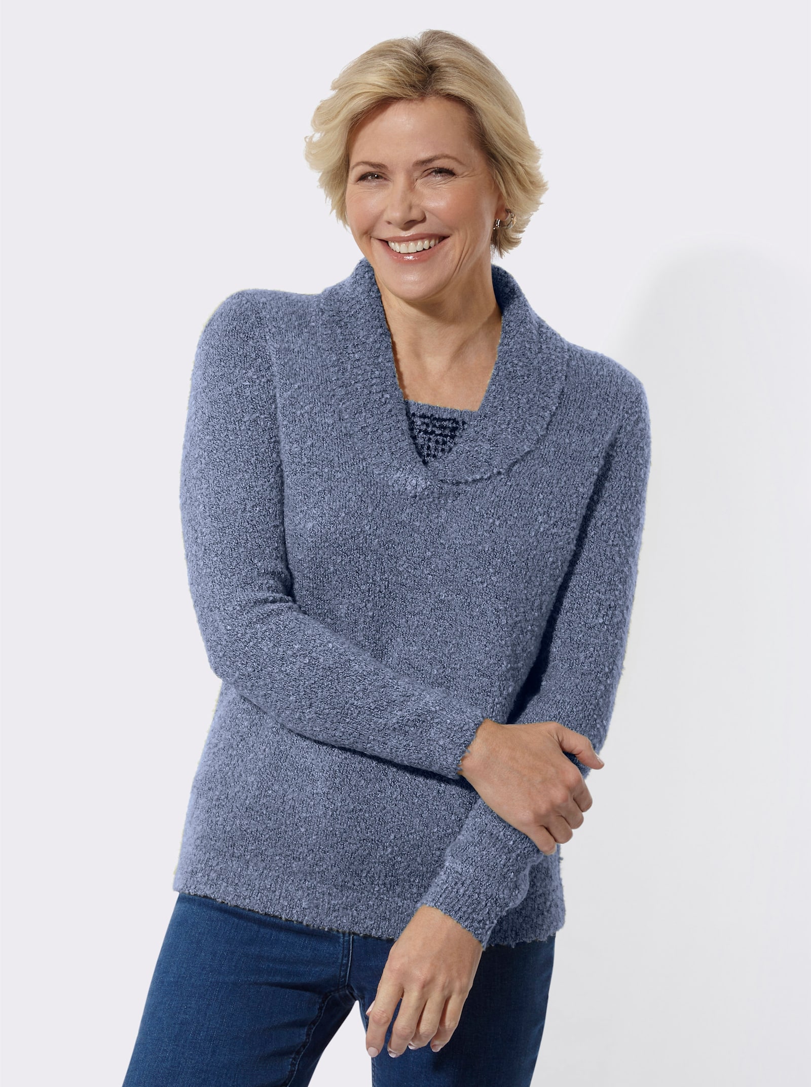 Pullover in 2-in-1-Optik mit Schalkragen - taubenblau