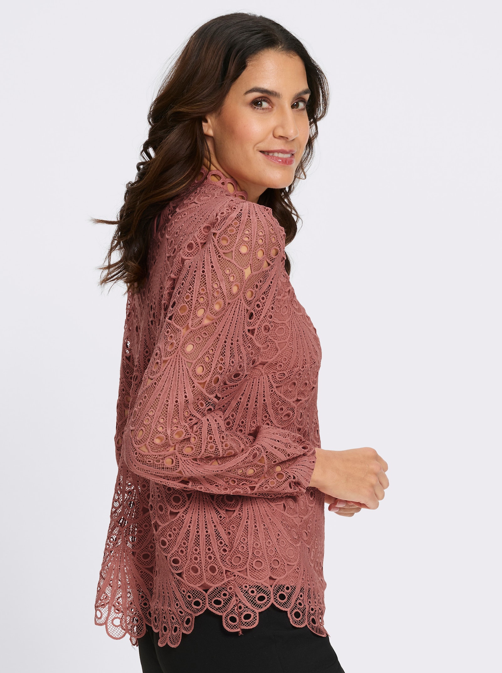 Spitzenbluse mit Schlingenverschluss hinten - rosenholz