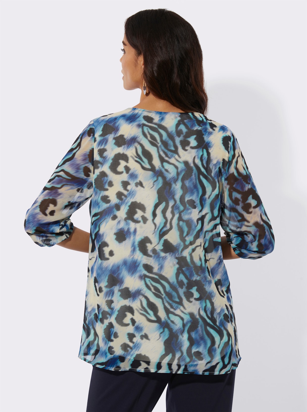 Tunika mit Biesenverzierung - champagner-royalblau-bedruckt