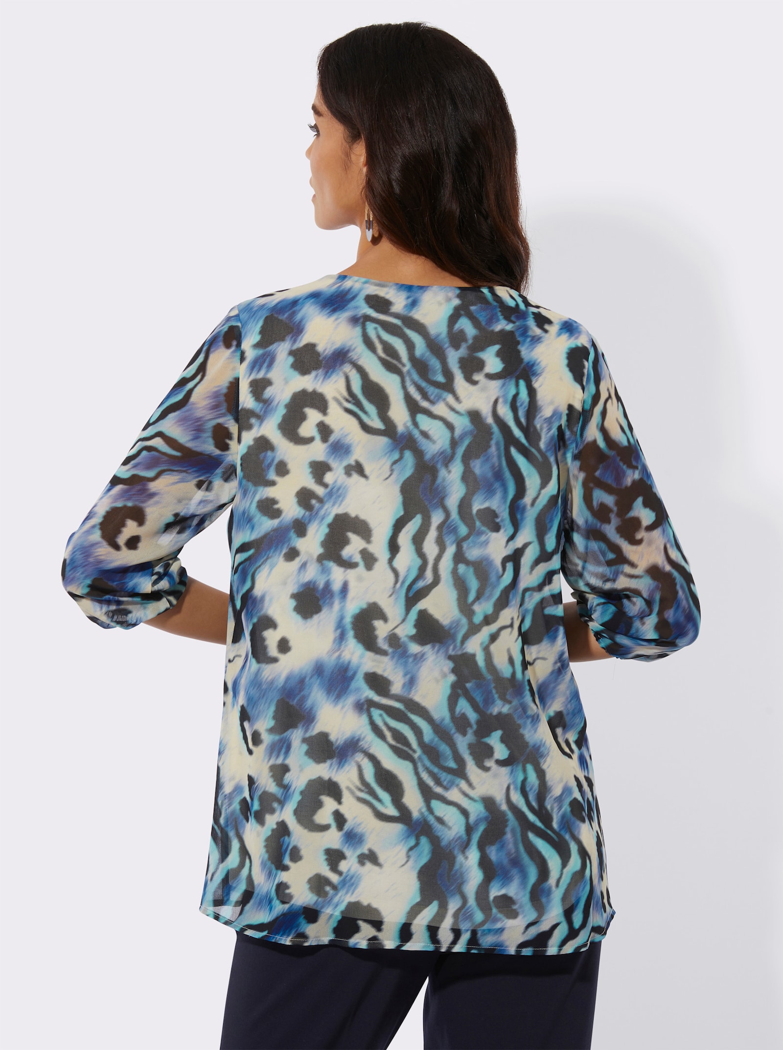 Tunique avec nervures décoratives - couleur ivoire-bleu roi imprimé