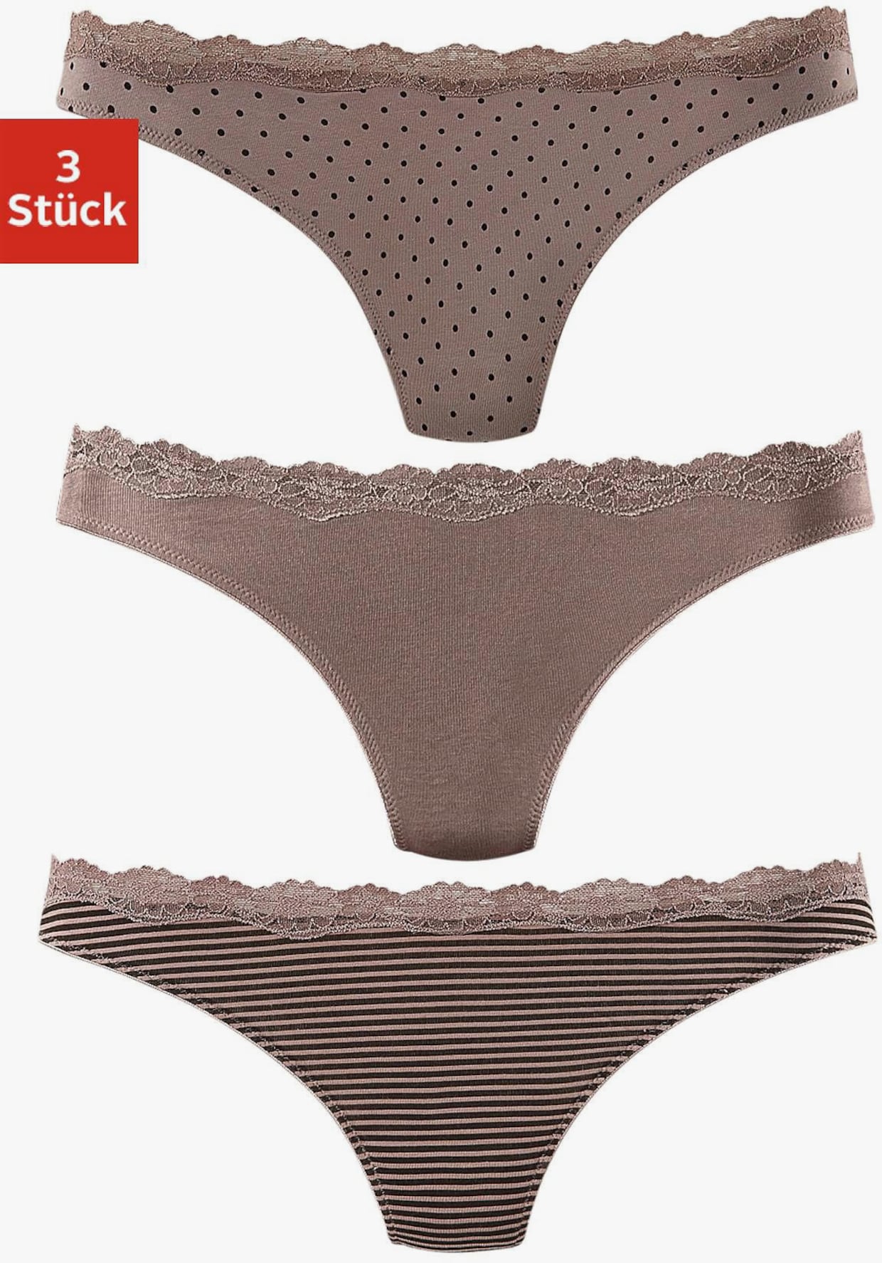 LASCANA String - effen taupe, gestippeld/gestreept, gestreept