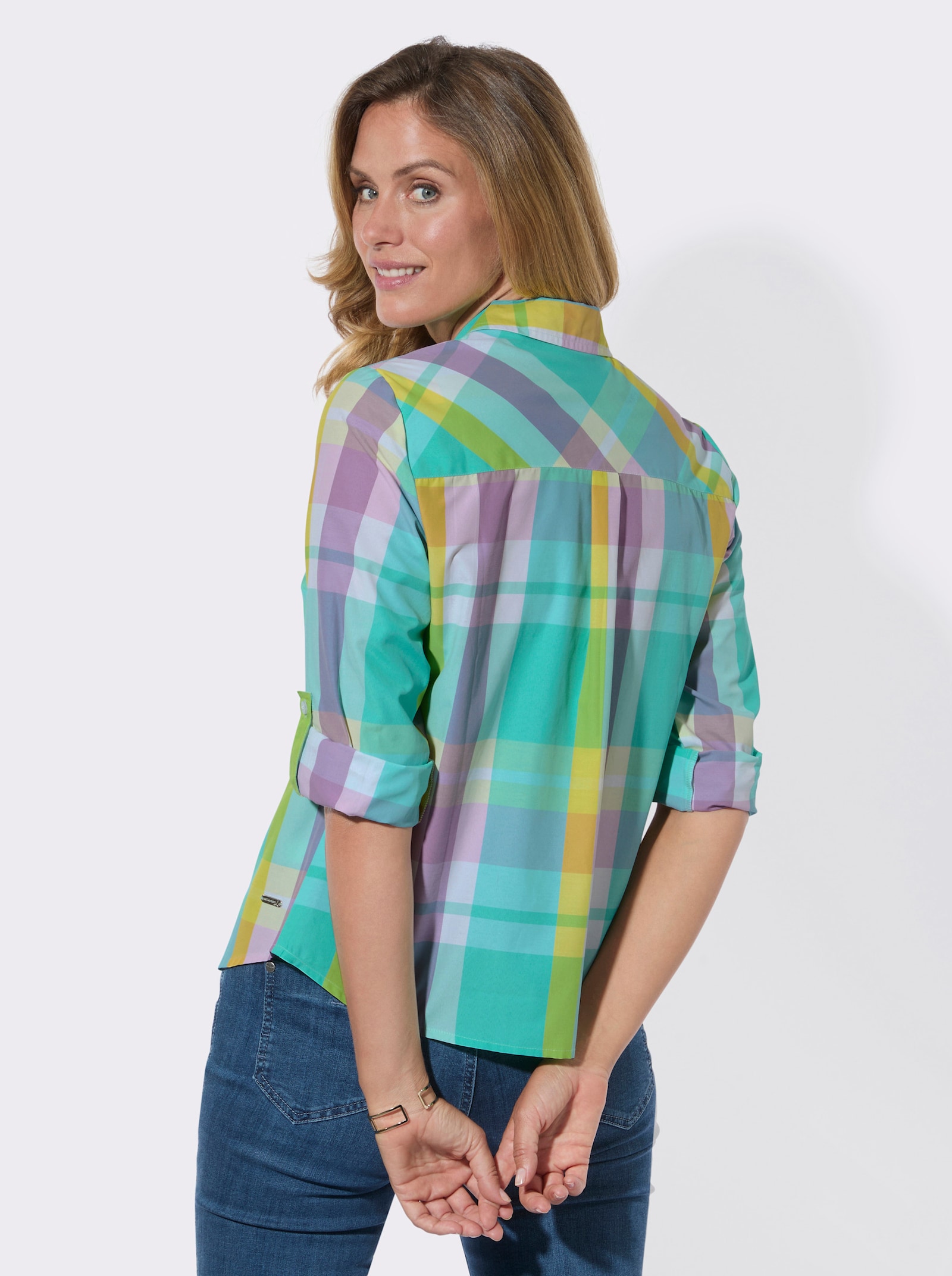 Karobluse mit Krempelärmeln - orchidee-blaugrün-kariert
