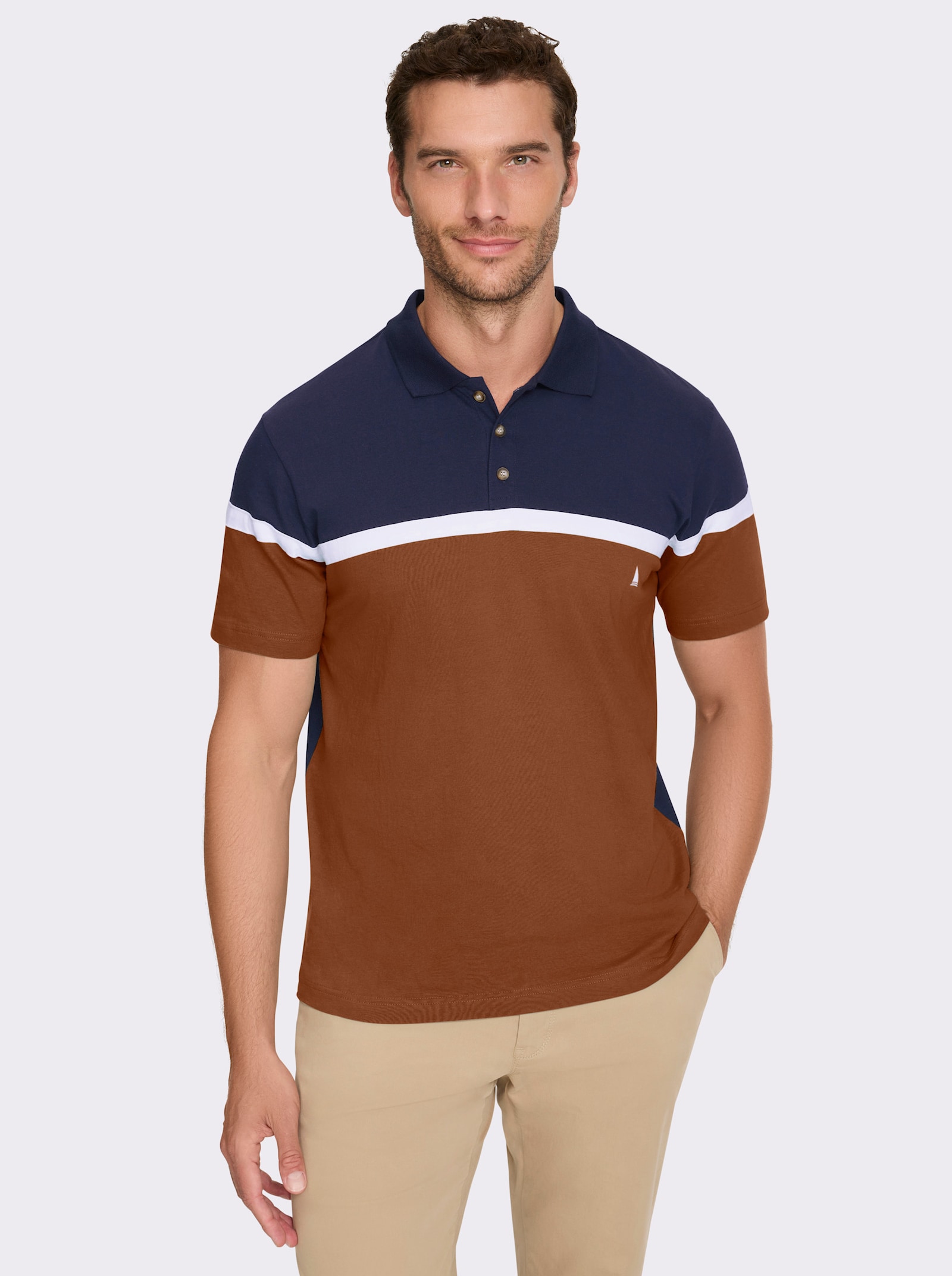 Catamaran Kurzarmshirt aus Baumwolle. Colour Blocking - marine-cognac