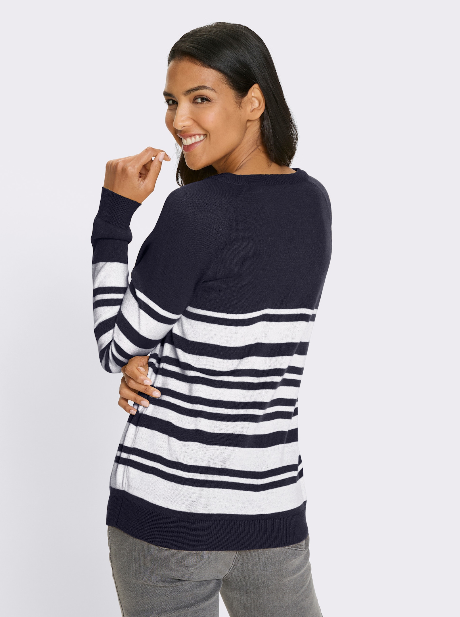 Langarm-Pullover mit goldfarbenen Knöpfen - marine-weiss-geringelt