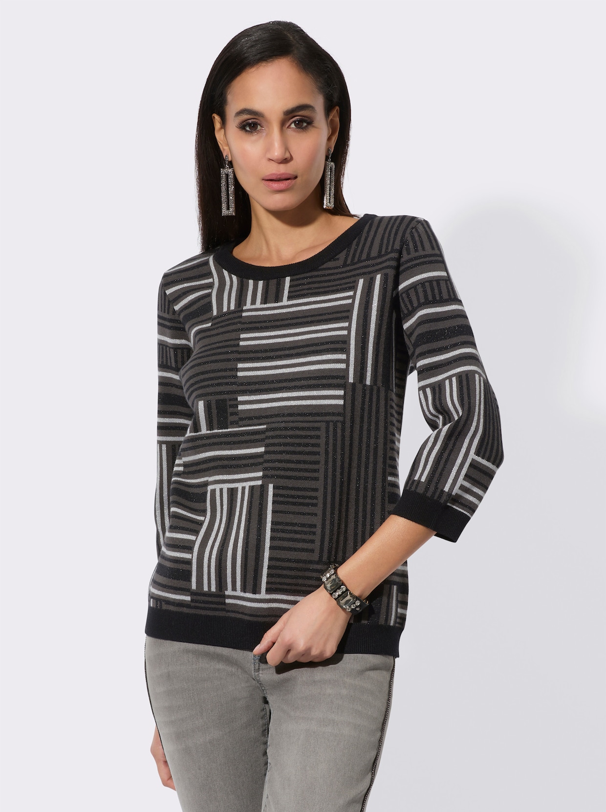 3/4 Arm-Pullover - graphit-schwarz-gemustert