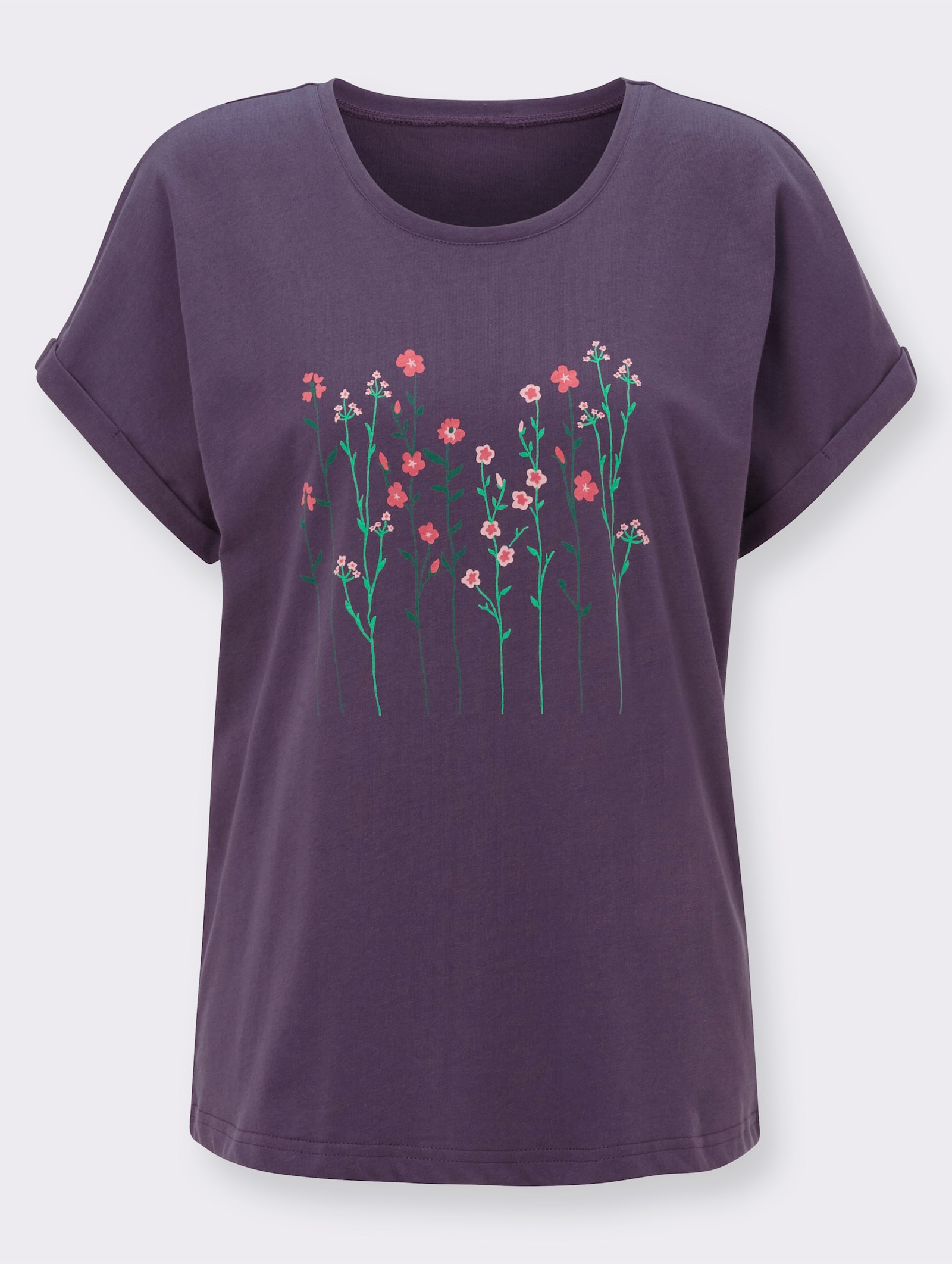 Rundhalsshirt mit Blüten-Dessin - pflaume-bedruckt
