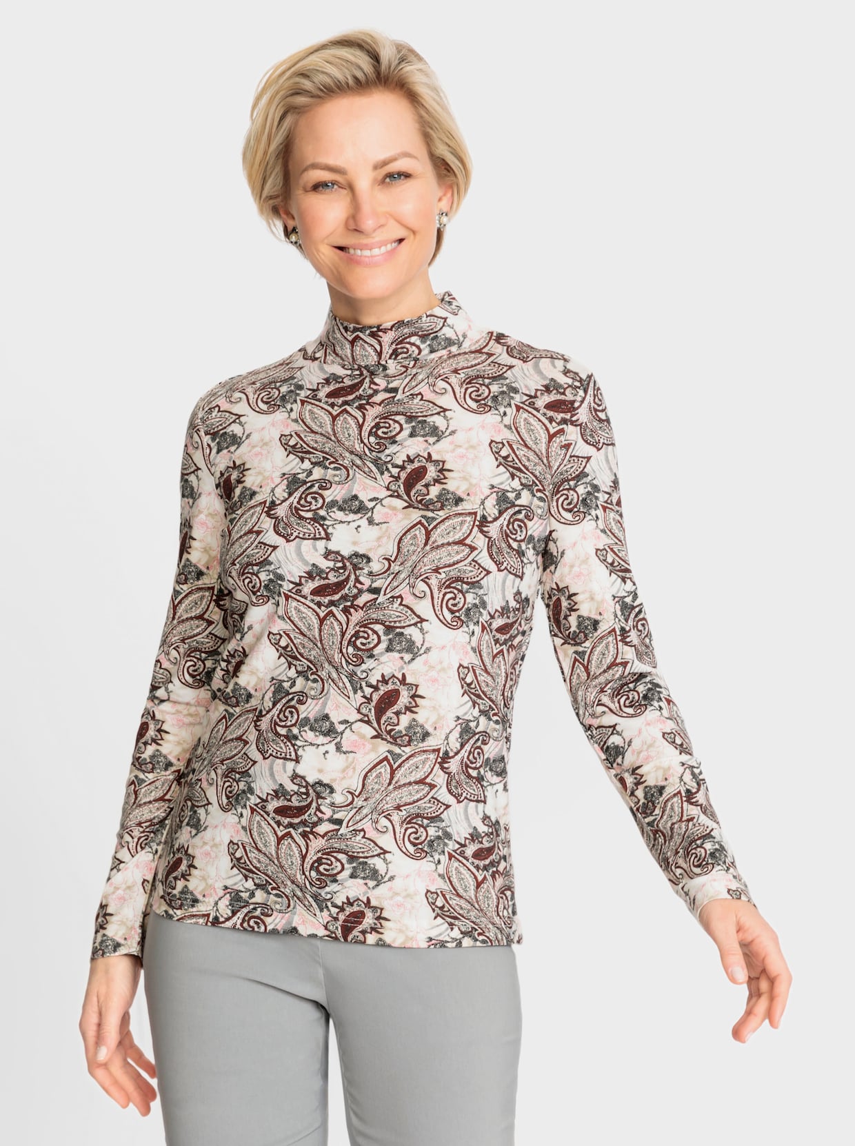 Shirt met lange mouwen - roodbruin/ecru bedrukt