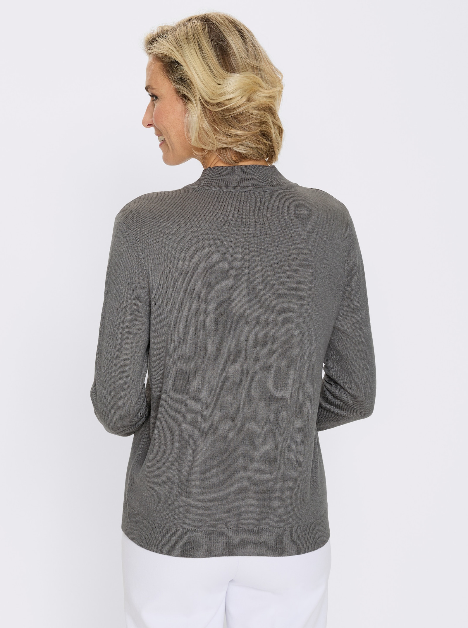 Stehkragenpullover Feinstrick mit Glitzersteinchen - grau